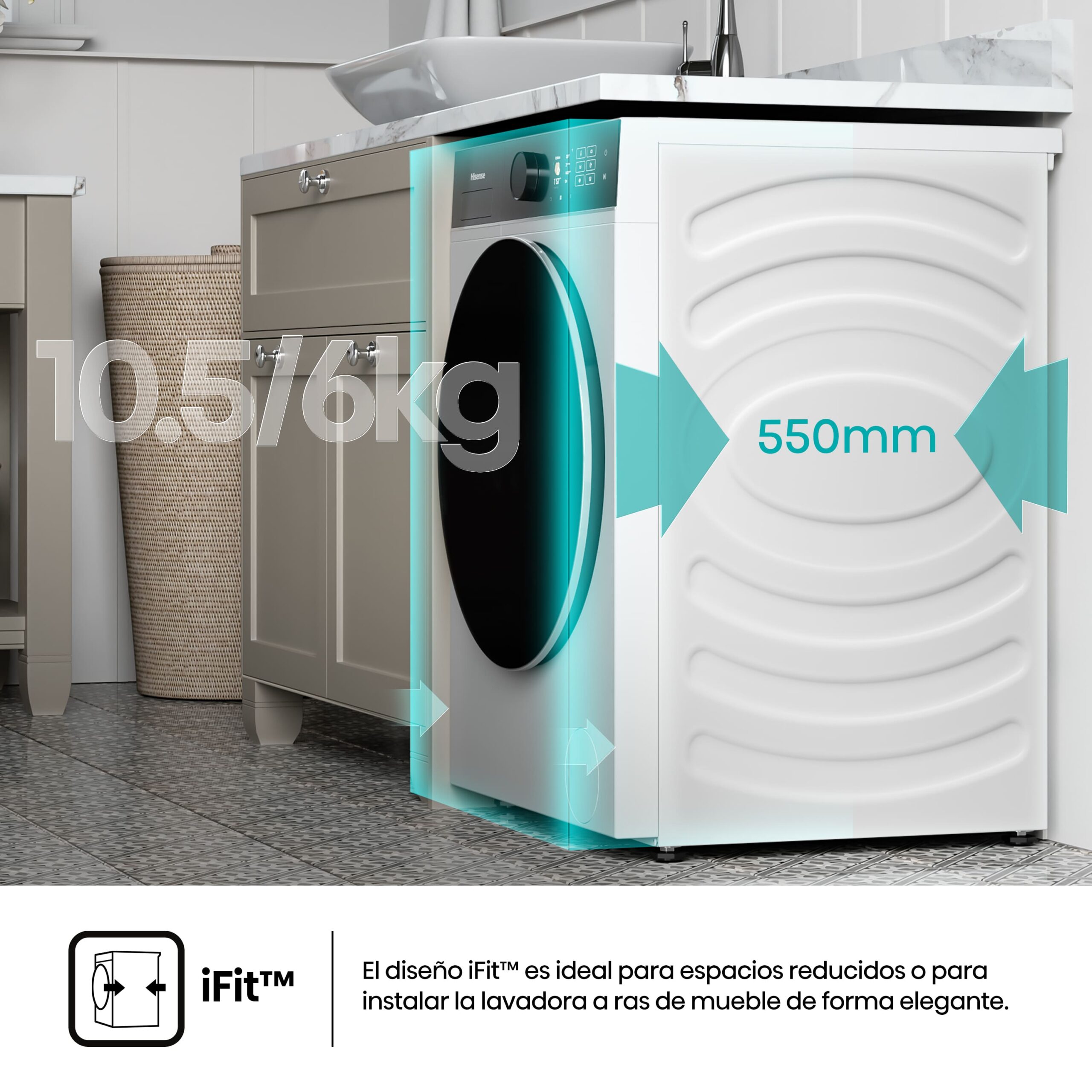 Hisense - WD5I1045BWQ – Lavasecadora De Libre Instalación, A-40% (ECO 40-60ºC), 10,5 kg/6 kg, 1400 rpm, Blanco