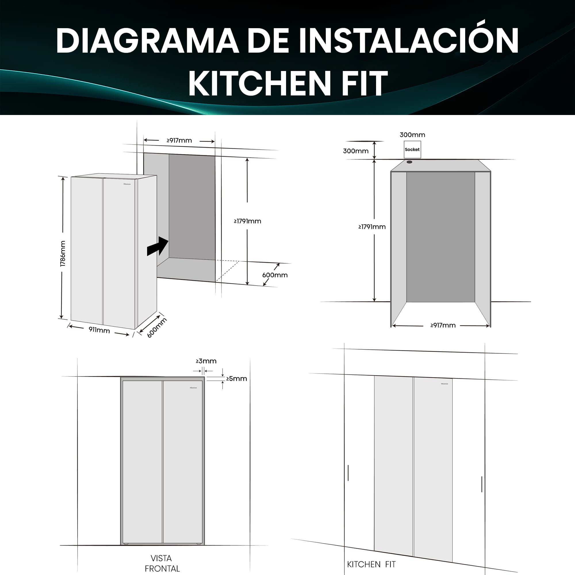 Hisense - RS3P538NAIE – Frigorífico Americano Side By Side, Clase E, Capacidad 534L, Color Inox