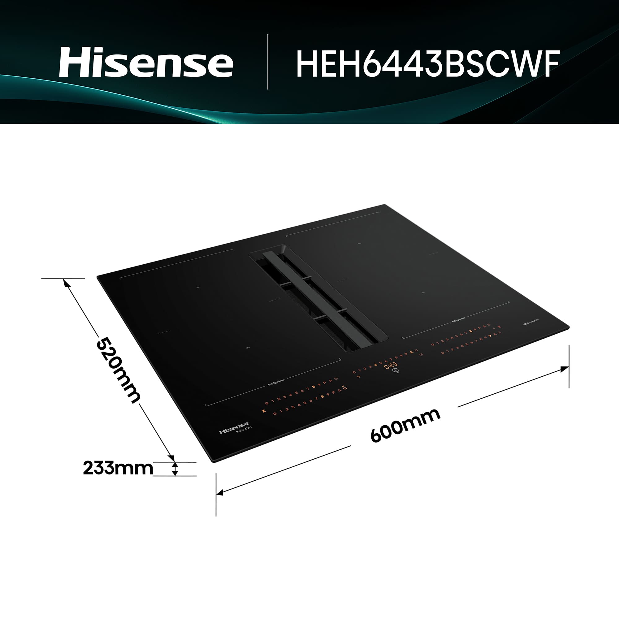 Hisense - HEH6443BSCWF – Placa Inducción Con Extracción de Aire, 4 Zonas, Capacidad 7360W, Color Negro