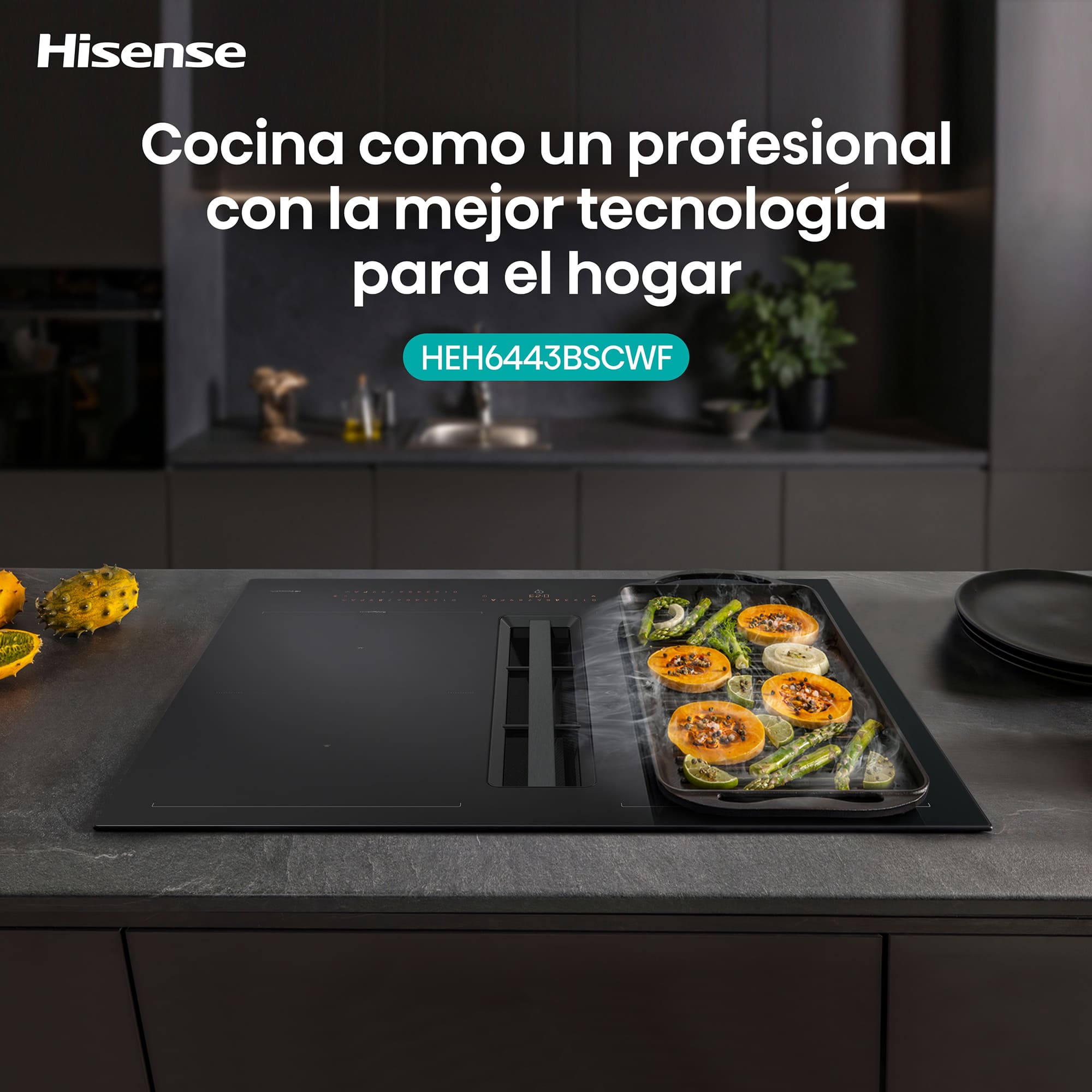 Hisense - HEH6443BSCWF – Placa Inducción Con Extracción de Aire, 4 Zonas, Capacidad 7360W, Color Negro