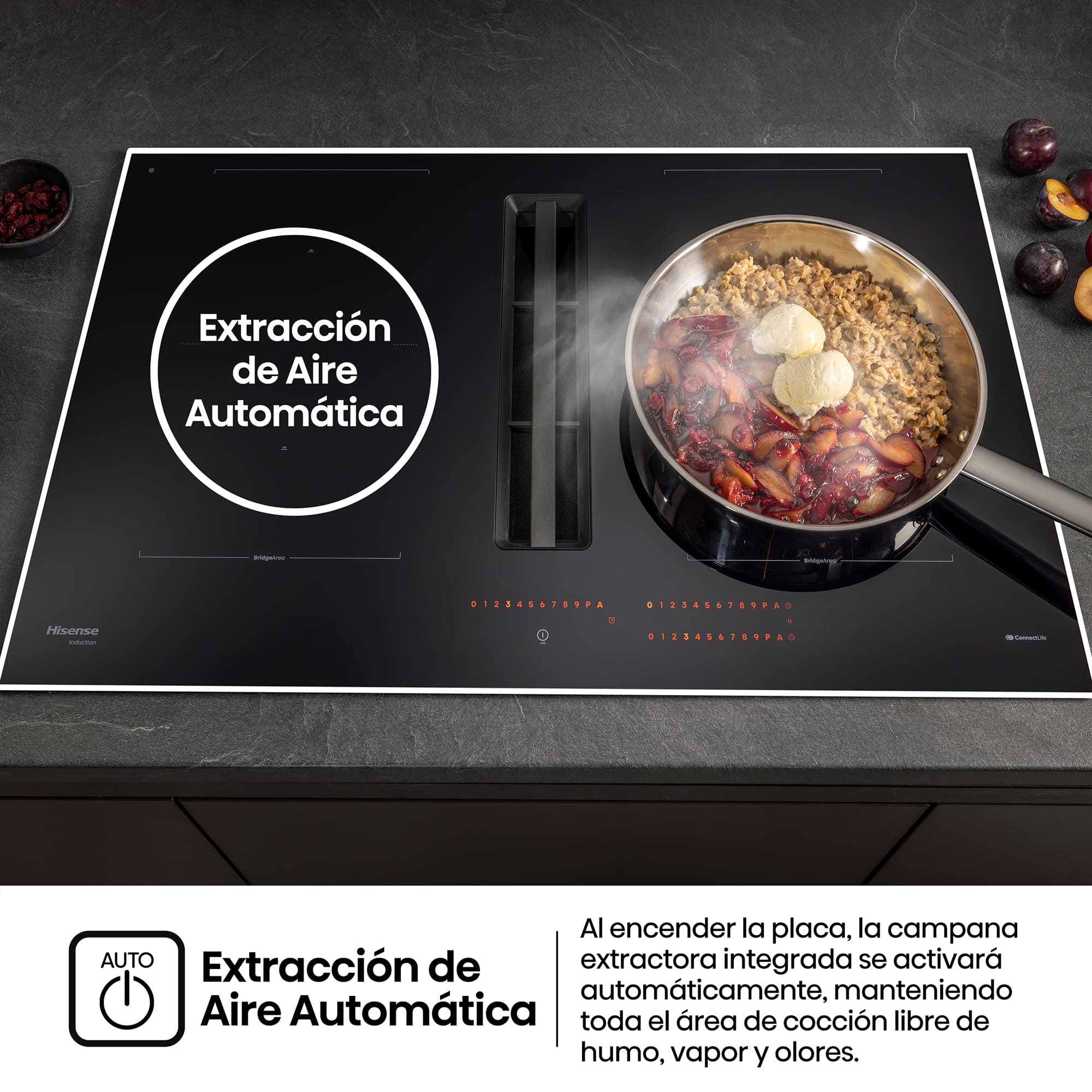 Hisense - HEH6443BSCWF – Placa Inducción Con Extracción de Aire, 4 Zonas, Capacidad 7360W, Color Negro
