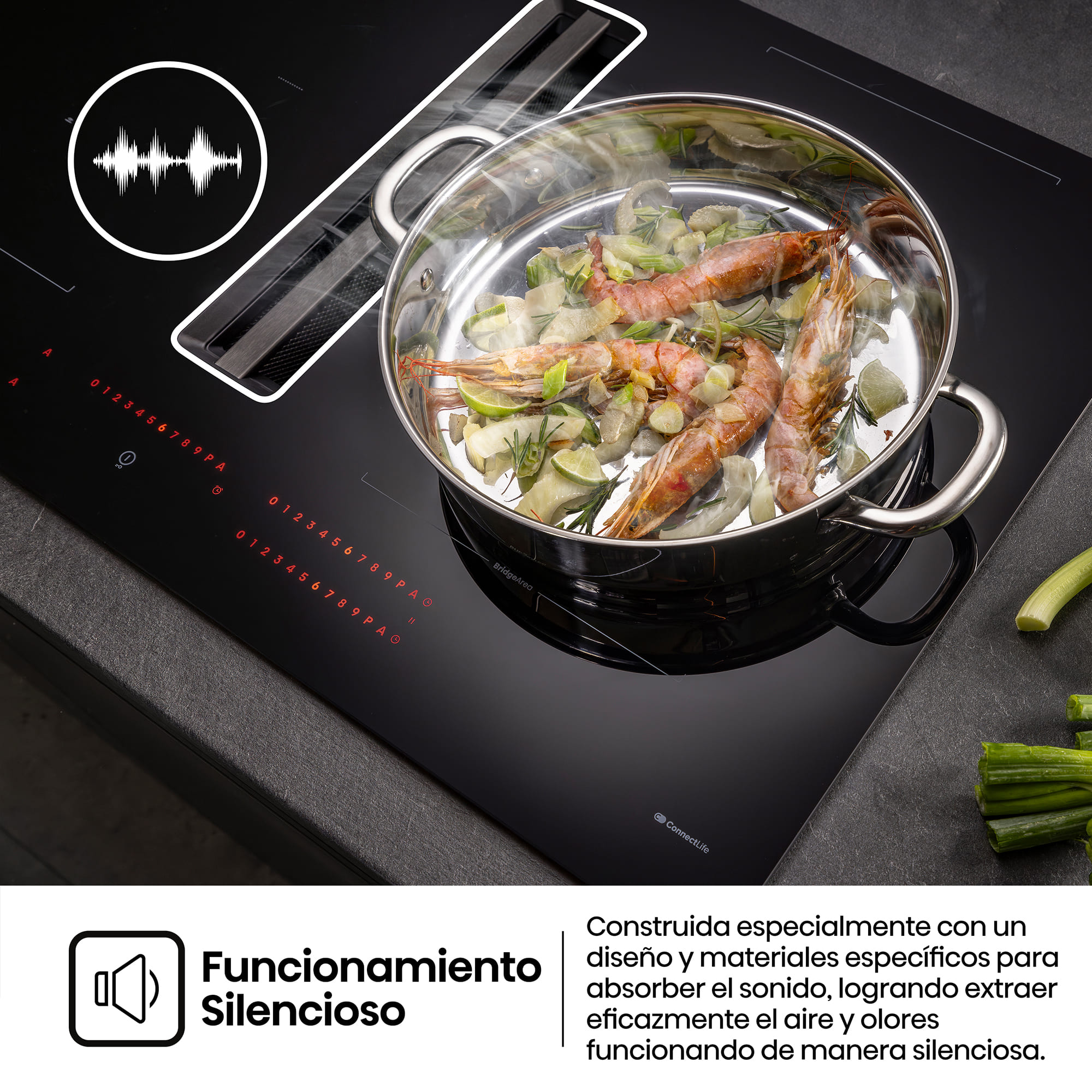 Hisense - HEH6443BSCWF – Placa Inducción Con Extracción de Aire, 4 Zonas, Capacidad 7360W, Color Negro