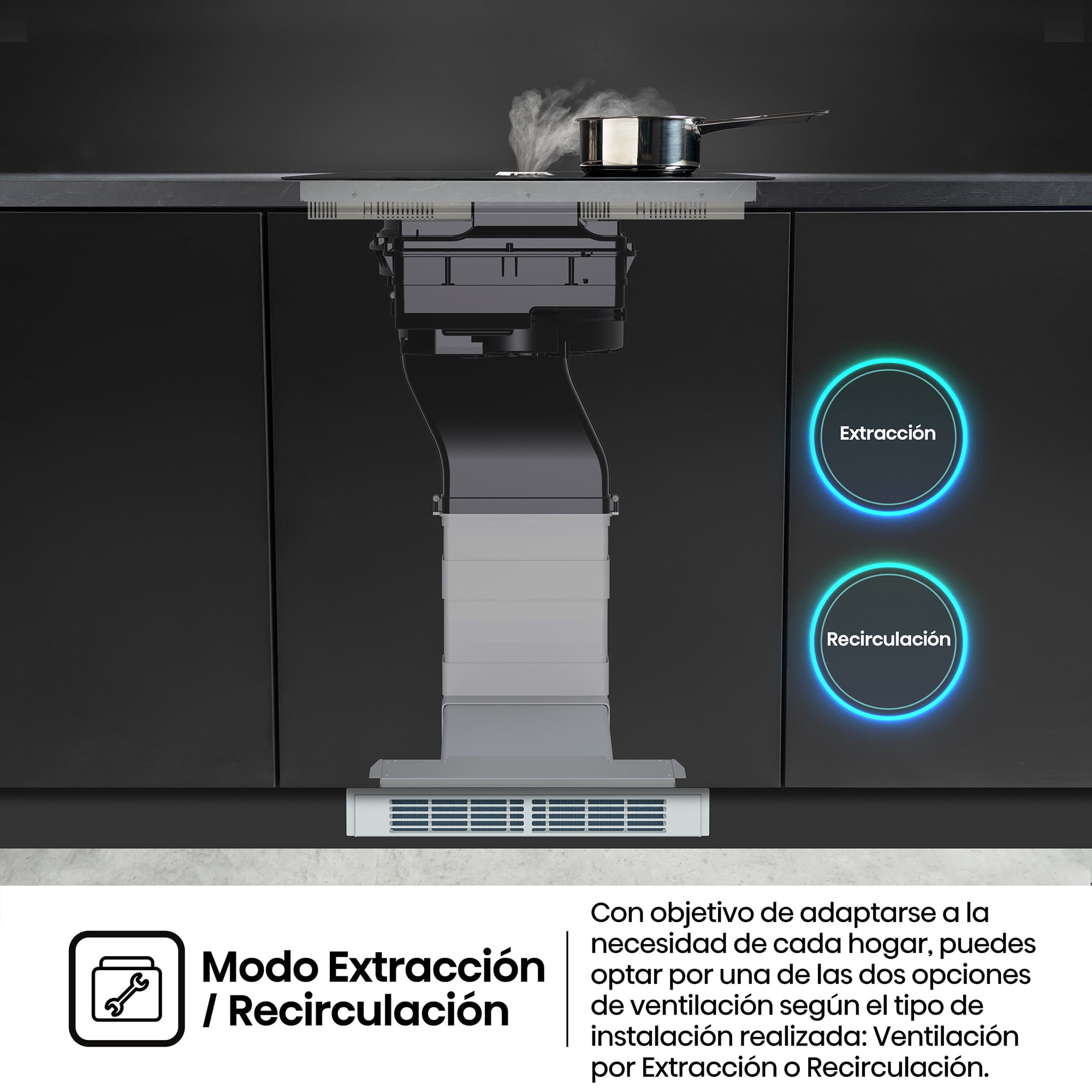 Hisense - HEH6443BSCWF – Placa Inducción Con Extracción de Aire, 4 Zonas, Capacidad 7360W, Color Negro