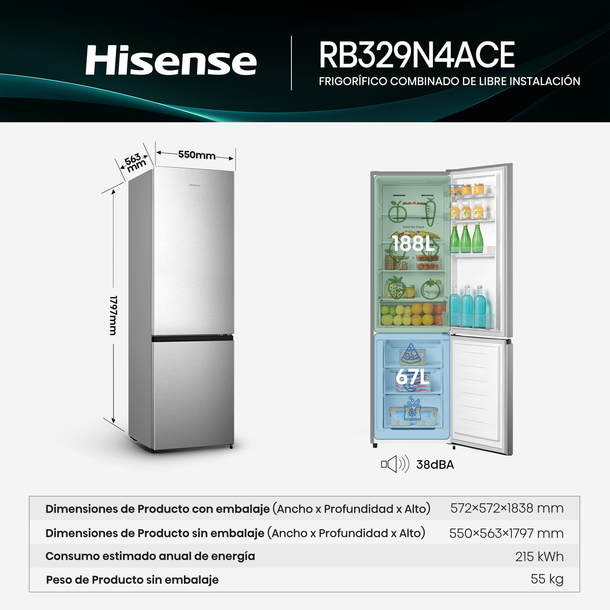 Hisense - RB329N4ACE – Combi 2 Puertas De Libre Instalación, Clase E, Capacidad 255L, Color Inox