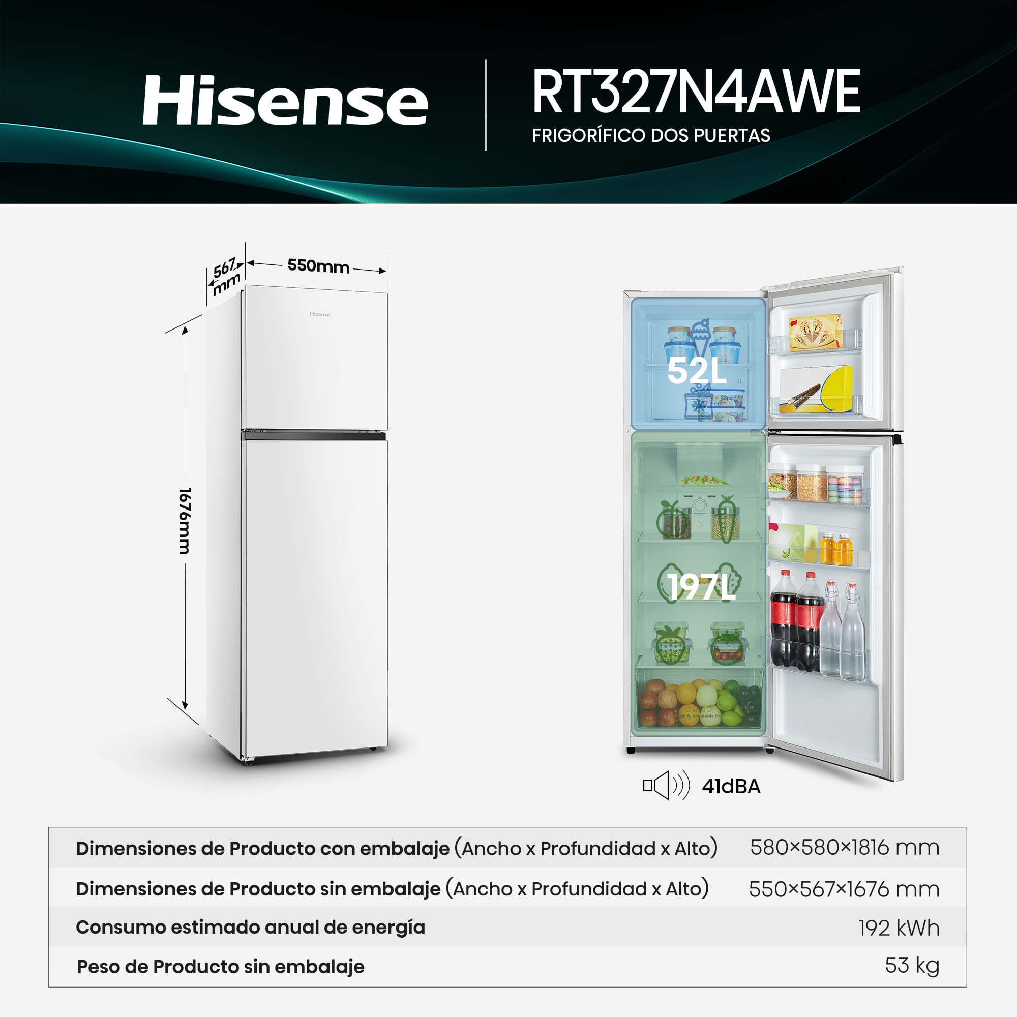 Hisense - RT327N4AWE – 2 Puertas De Libre Instalación, Clase E, Capacidad 249L, Color Blanco