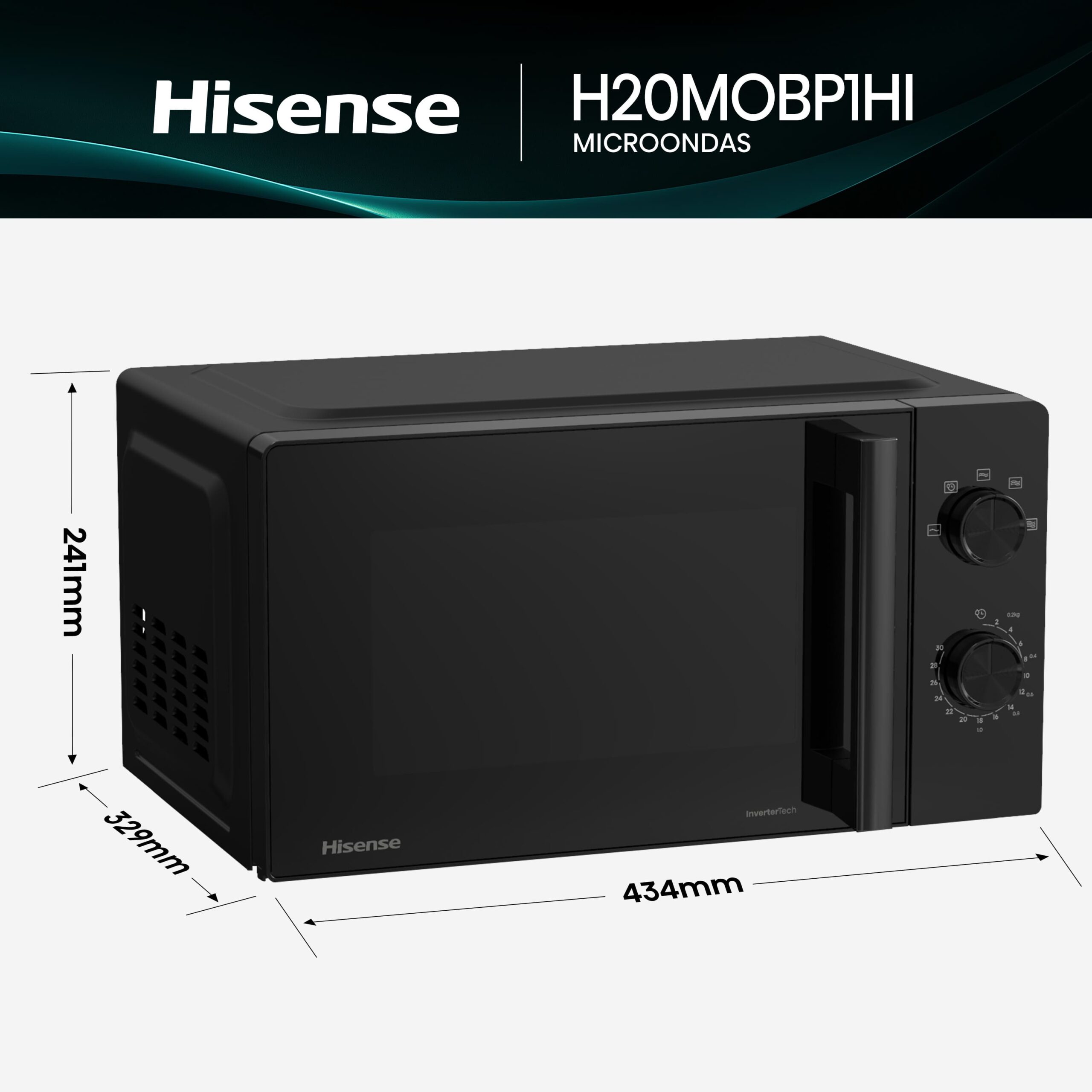 Hisense - H20MOBP1HI – Microondas, Capacidad 20L, Color Negro