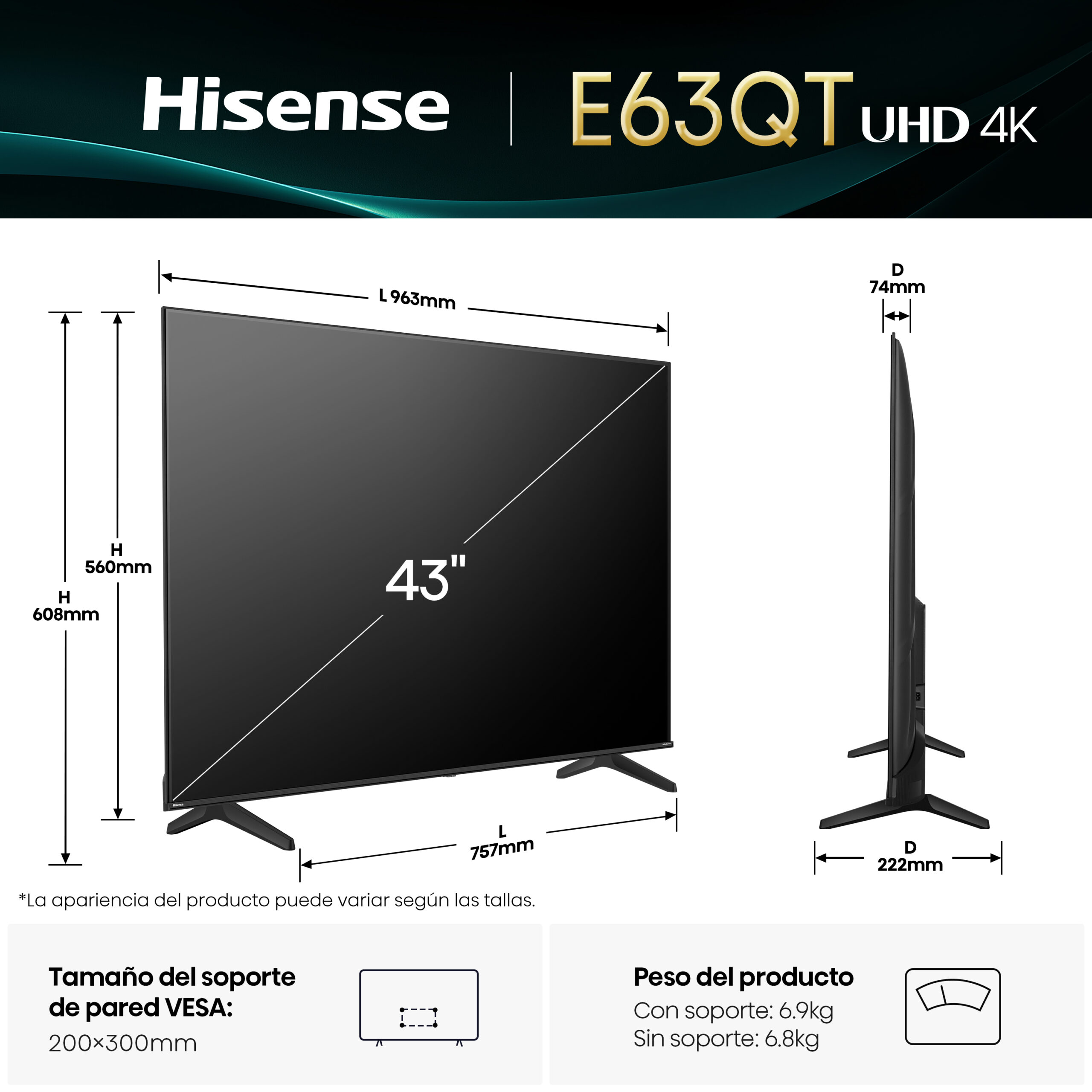 Hisense - Serie E63QT TV 4K 43E63QT, VIDAA Smart TV 43 pulgadas con Dolby Vision