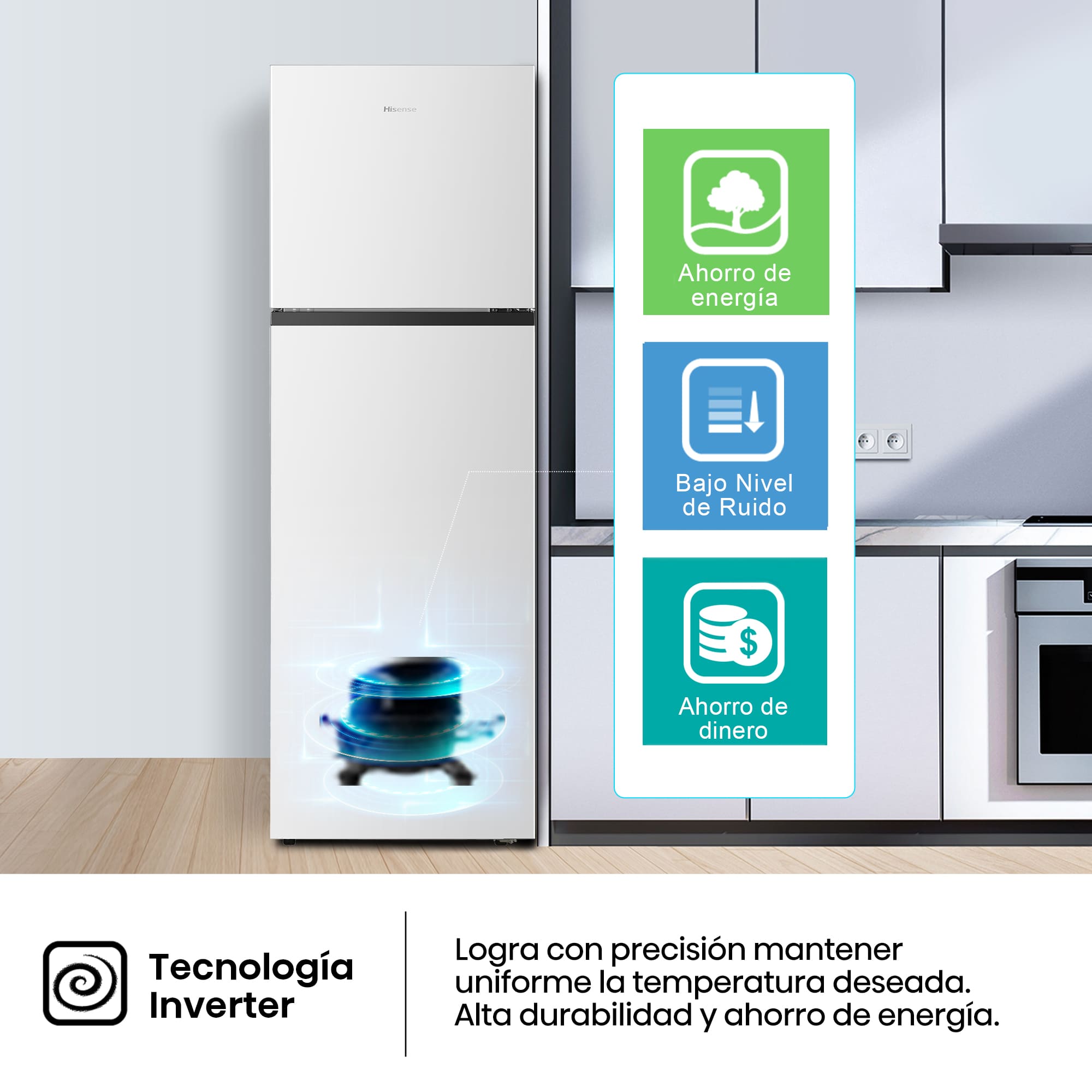 Hisense - RT327N4AWE – 2 Puertas De Libre Instalación, Clase E, Capacidad 249L, Color Blanco