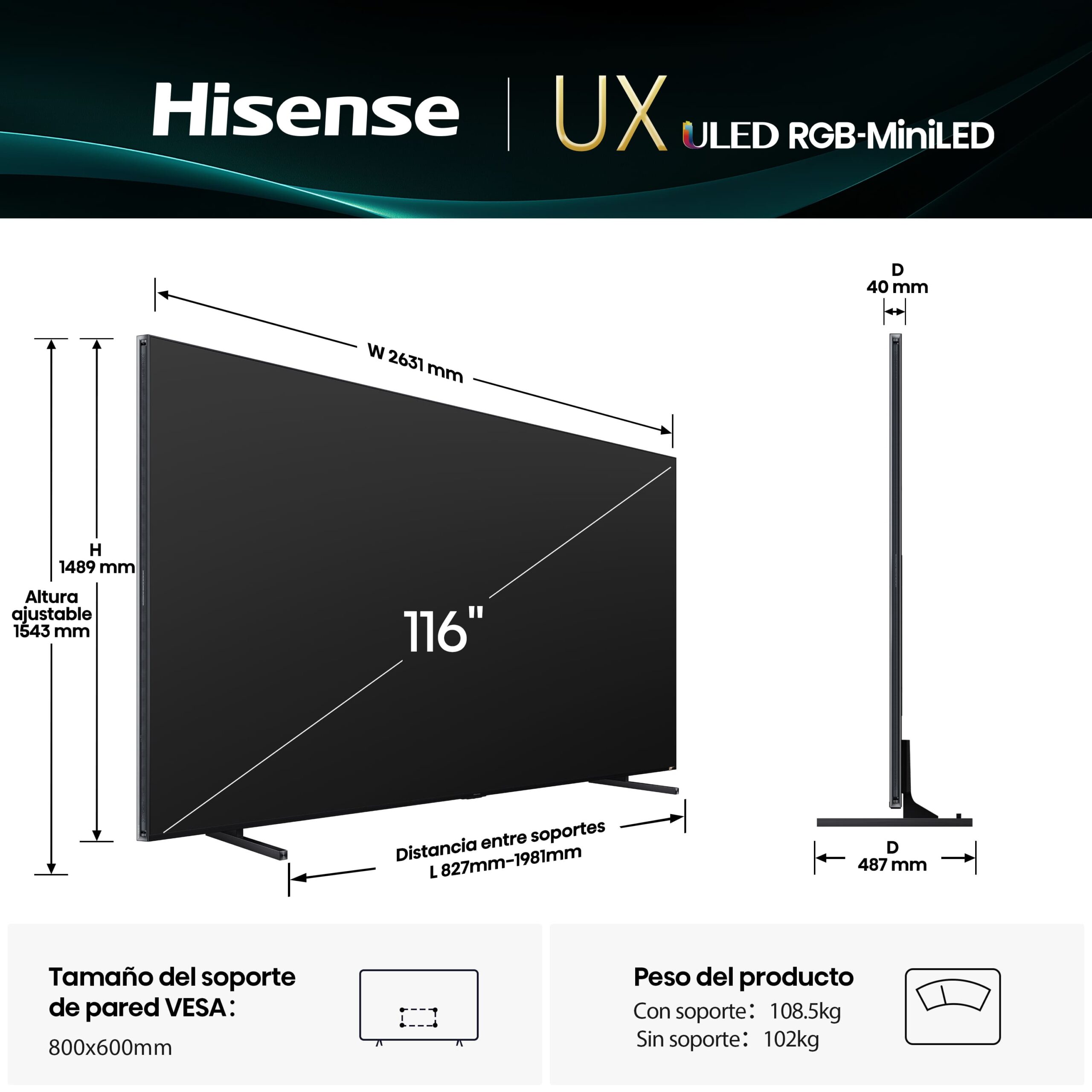Hisense - Serie UXQ Mini-LED RGB TV 116UXQ, Tecnología RGB MiniLED, 116 pulgadas con Dynamic X Display
