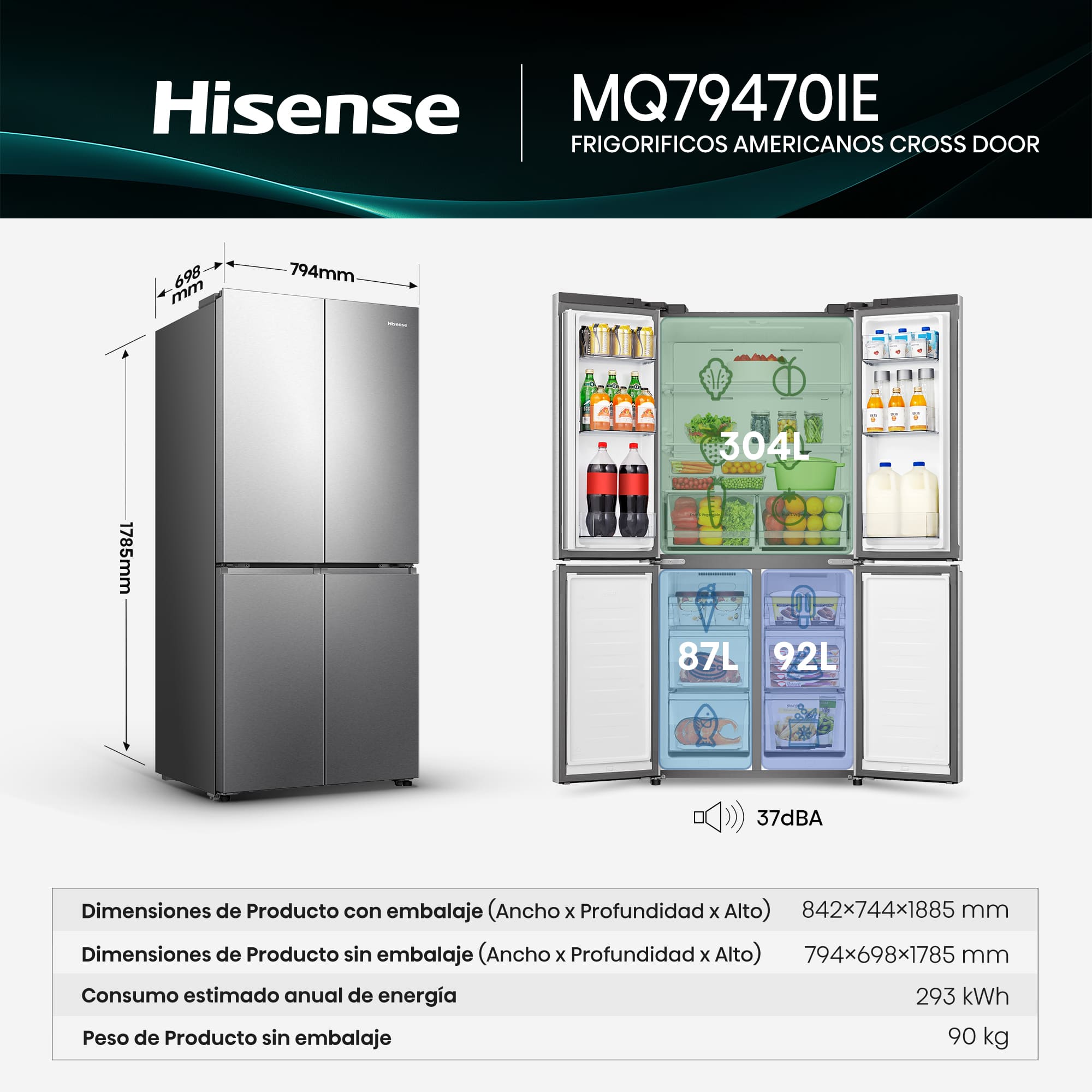 Hisense - MQ79470IE – Americano 4 Puertas De Libre Instalación, Clase E, Capacidad 483L, Color Inox