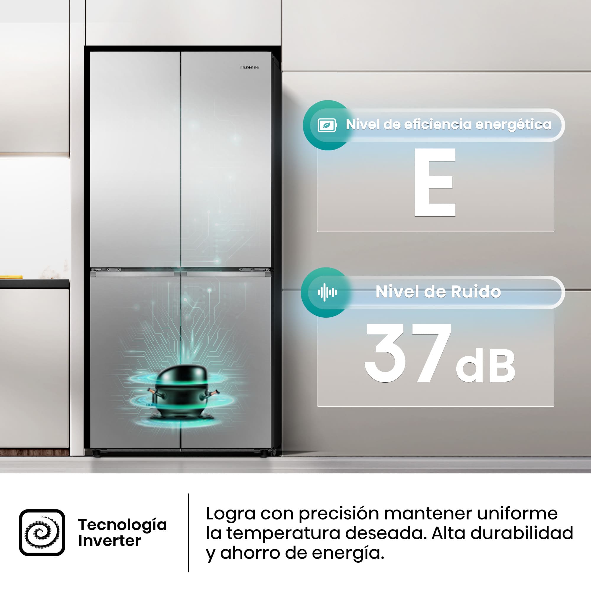 Hisense - MQ79470IE – Americano 4 Puertas De Libre Instalación, Clase E, Capacidad 483L, Color Inox
