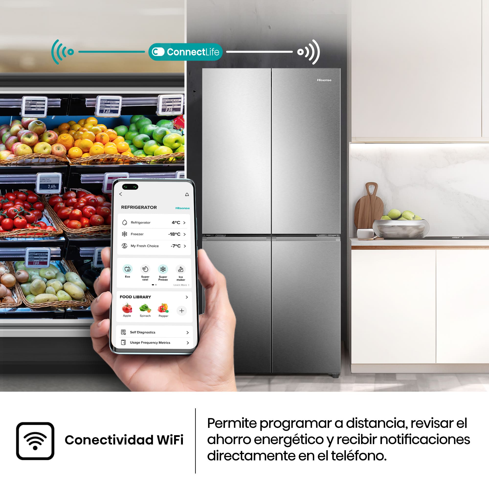 Hisense - MQ79470IE – Americano 4 Puertas De Libre Instalación, Clase E, Capacidad 483L, Color Inox