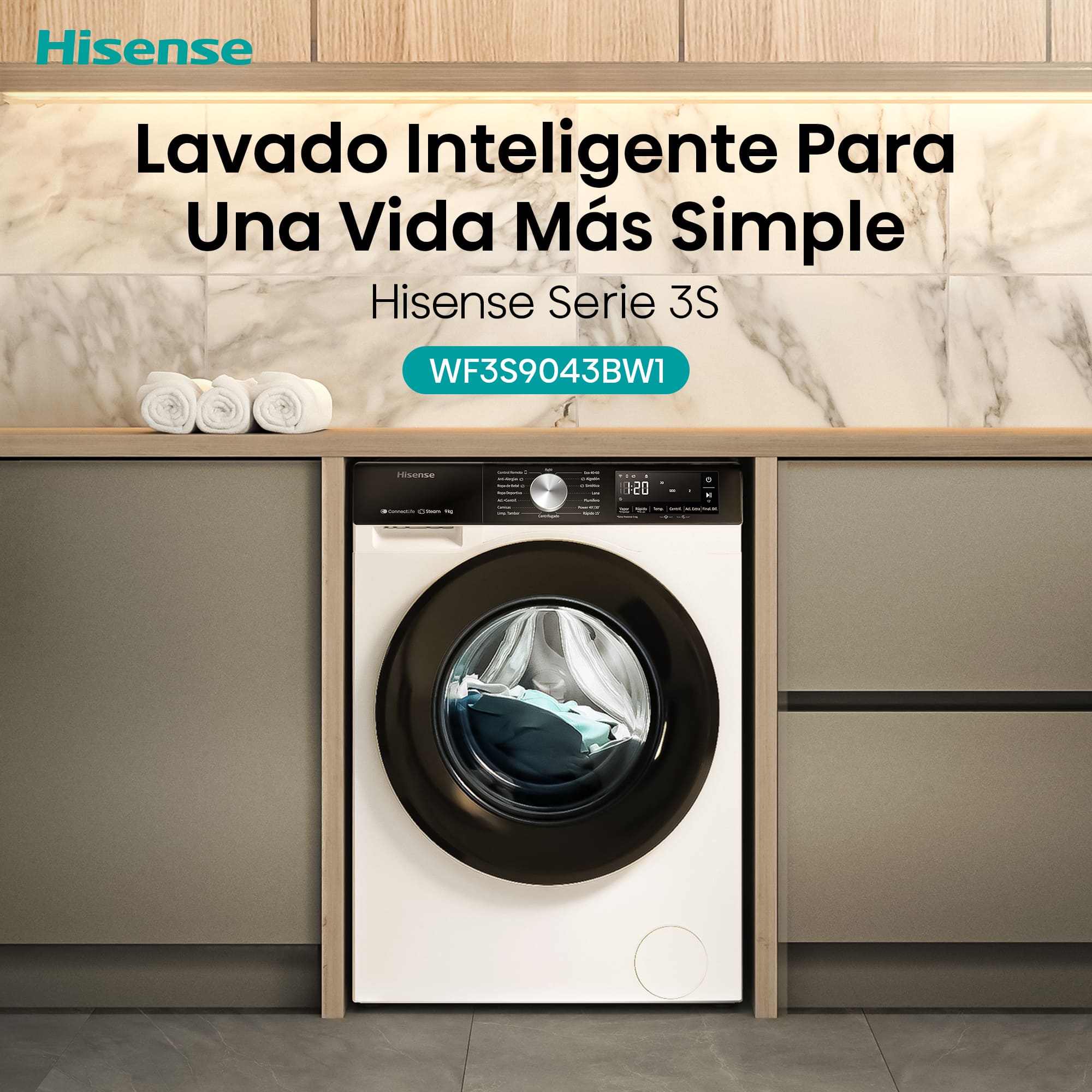 Hisense - WF3S9043BW1 – Lavadora De Libre Instalación, A-10%, 9 Kg, 1400 rpm, Blanco