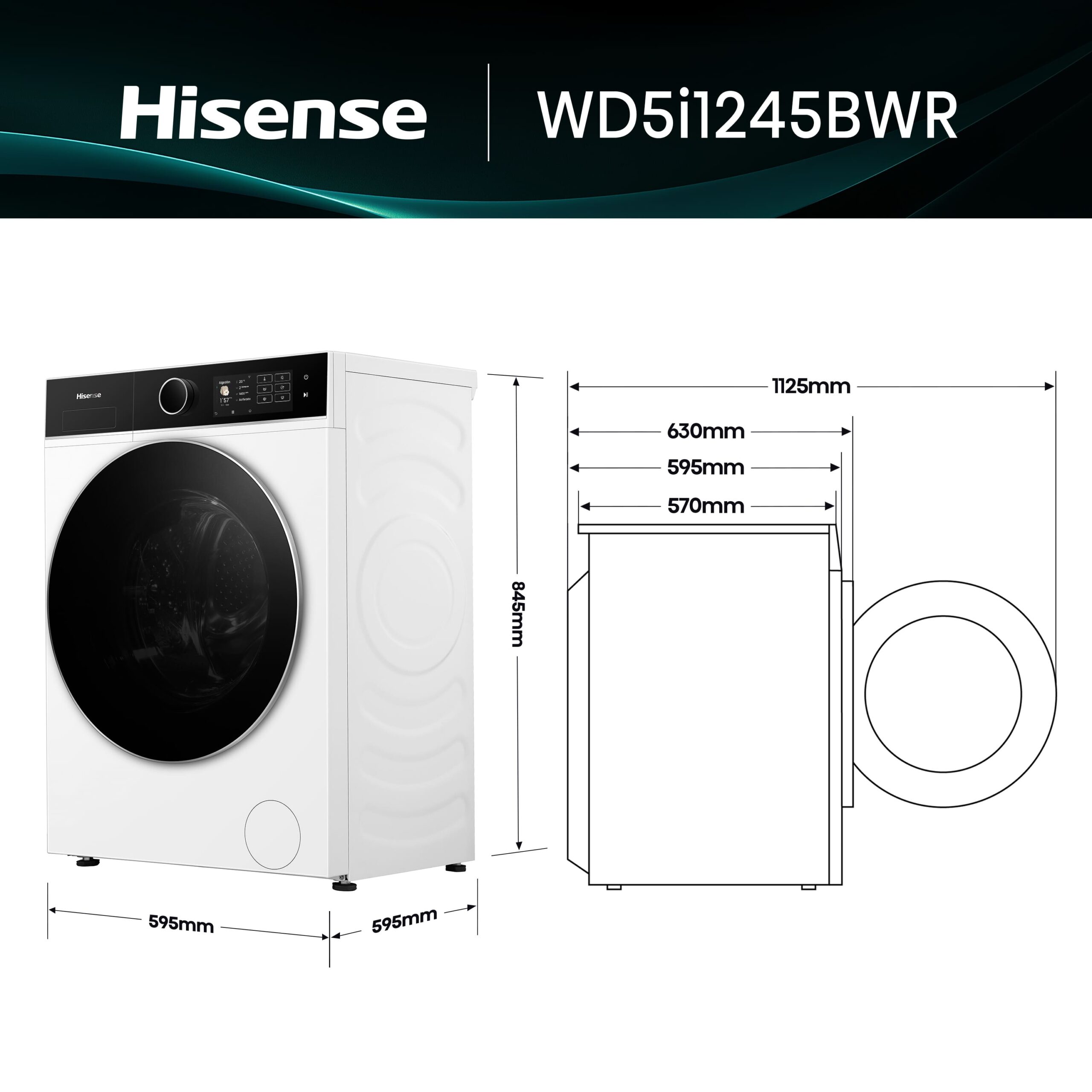 Hisense - WD5I1245BWR – Lavasecadora De Libre Instalación, A-40%, 12 kg/8 kg, 1400 rpm, Blanco