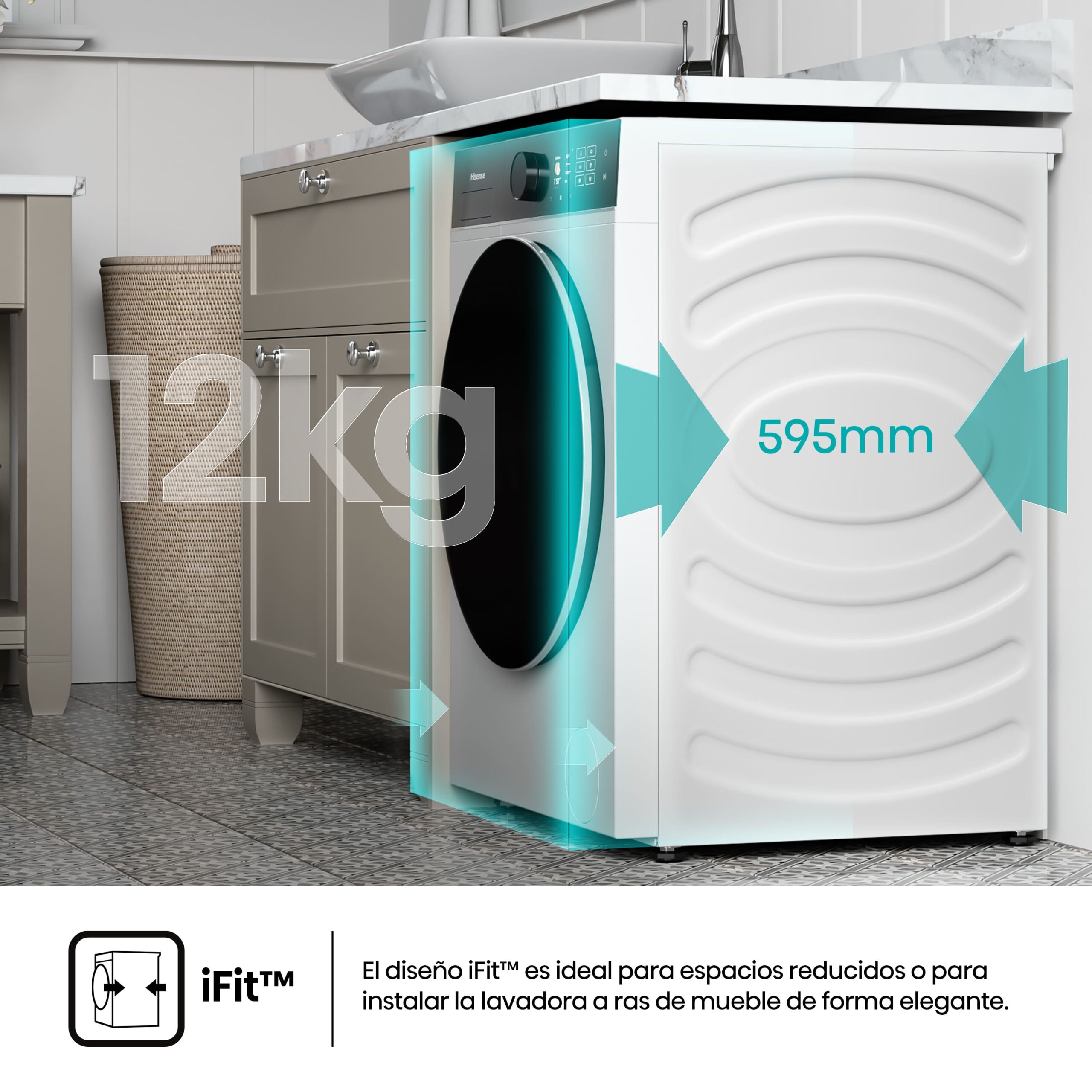 Hisense - WF5I1245BWR – Lavadora De Libre Instalación, A-40%, 12 Kg, 1400 rpm, Blanco