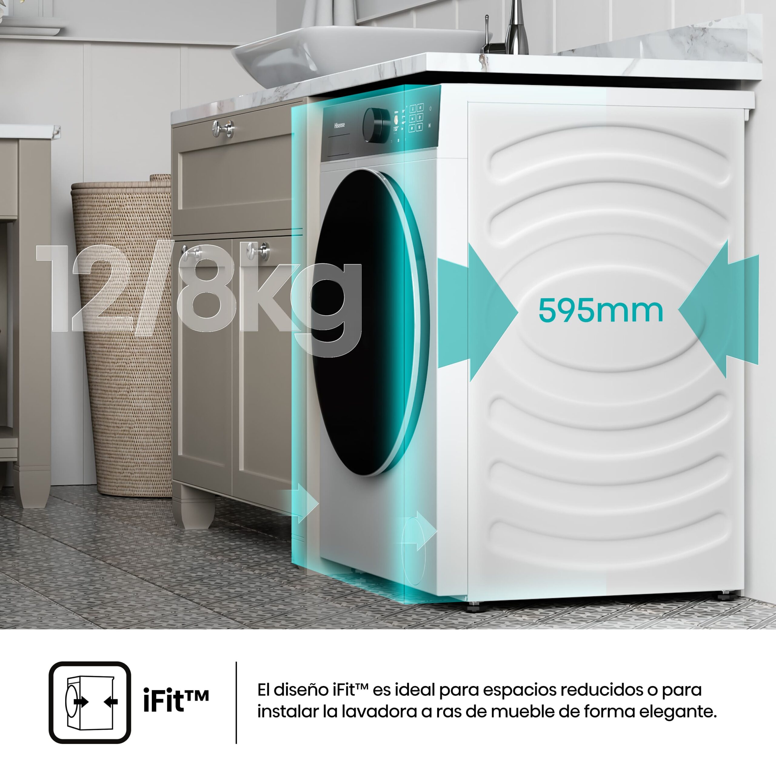 Hisense - WD5I1245BWR – Lavasecadora De Libre Instalación, A-40%, 12 kg/8 kg, 1400 rpm, Blanco
