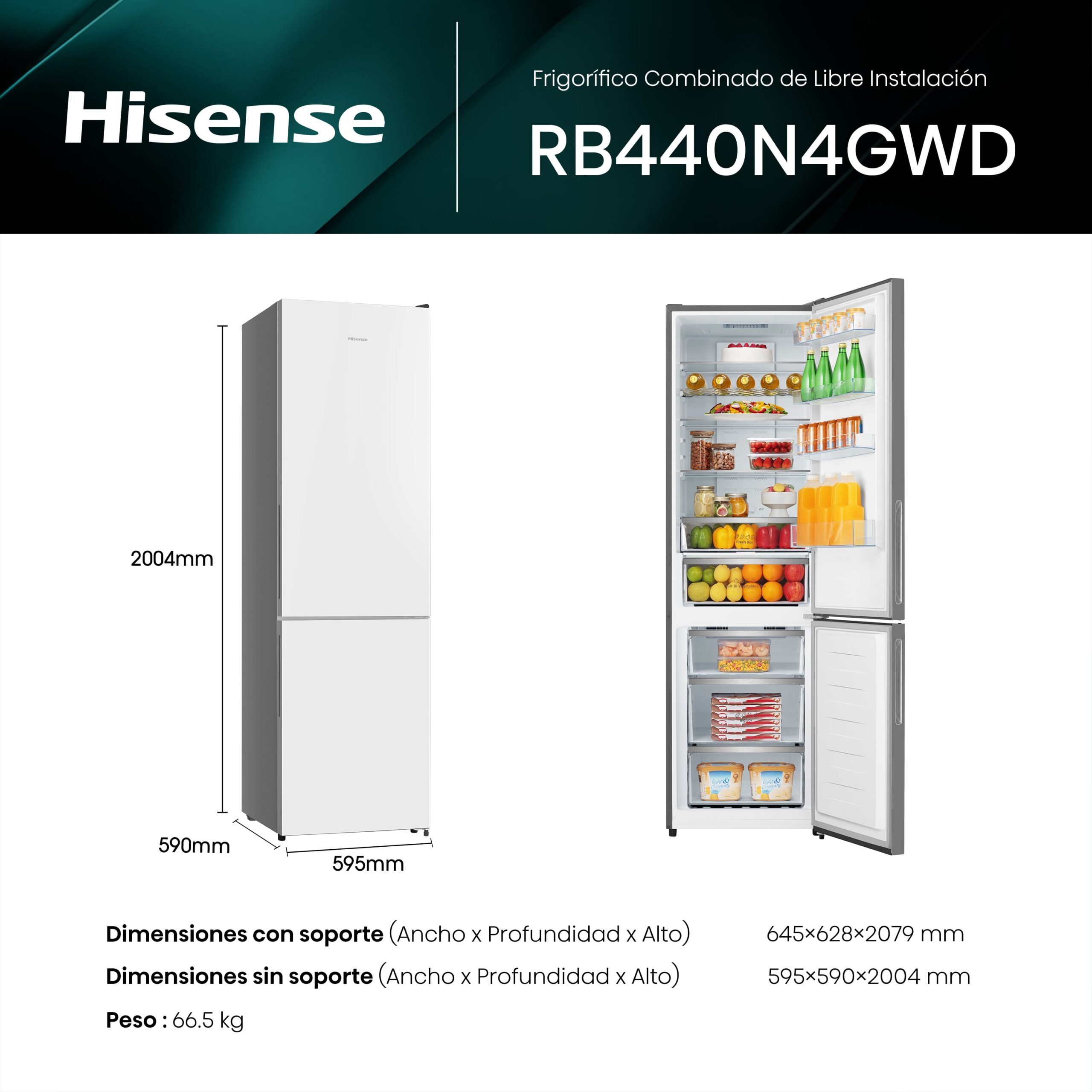 Hisense - RB440N4GWD – Frigorífico Combi 2 Puertas, Clase D , 336L, Cristal Blanco