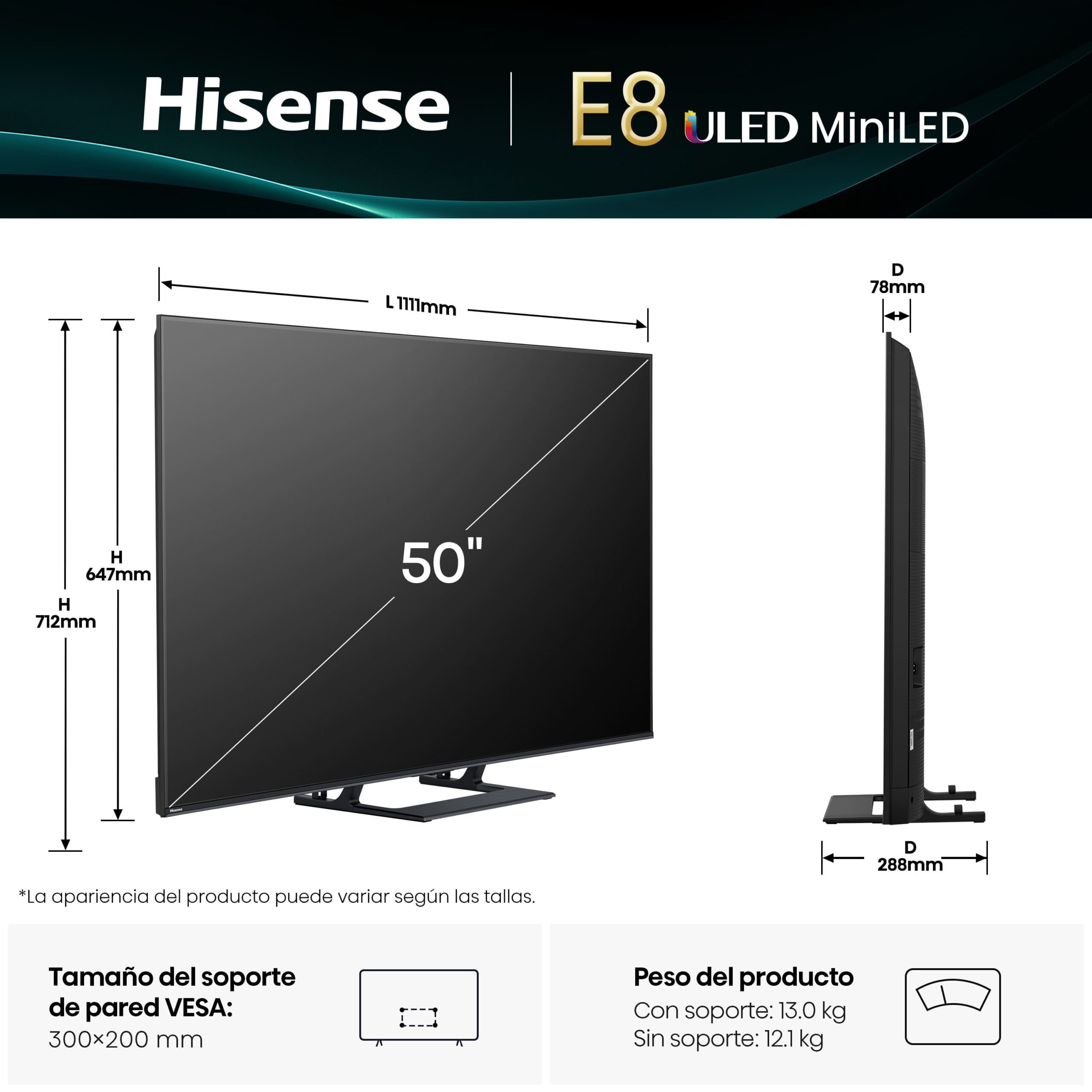 Hisense - Serie E8Q Mini-LED TV 50E8Q 50 pulgadas con Hi-View IA PRO