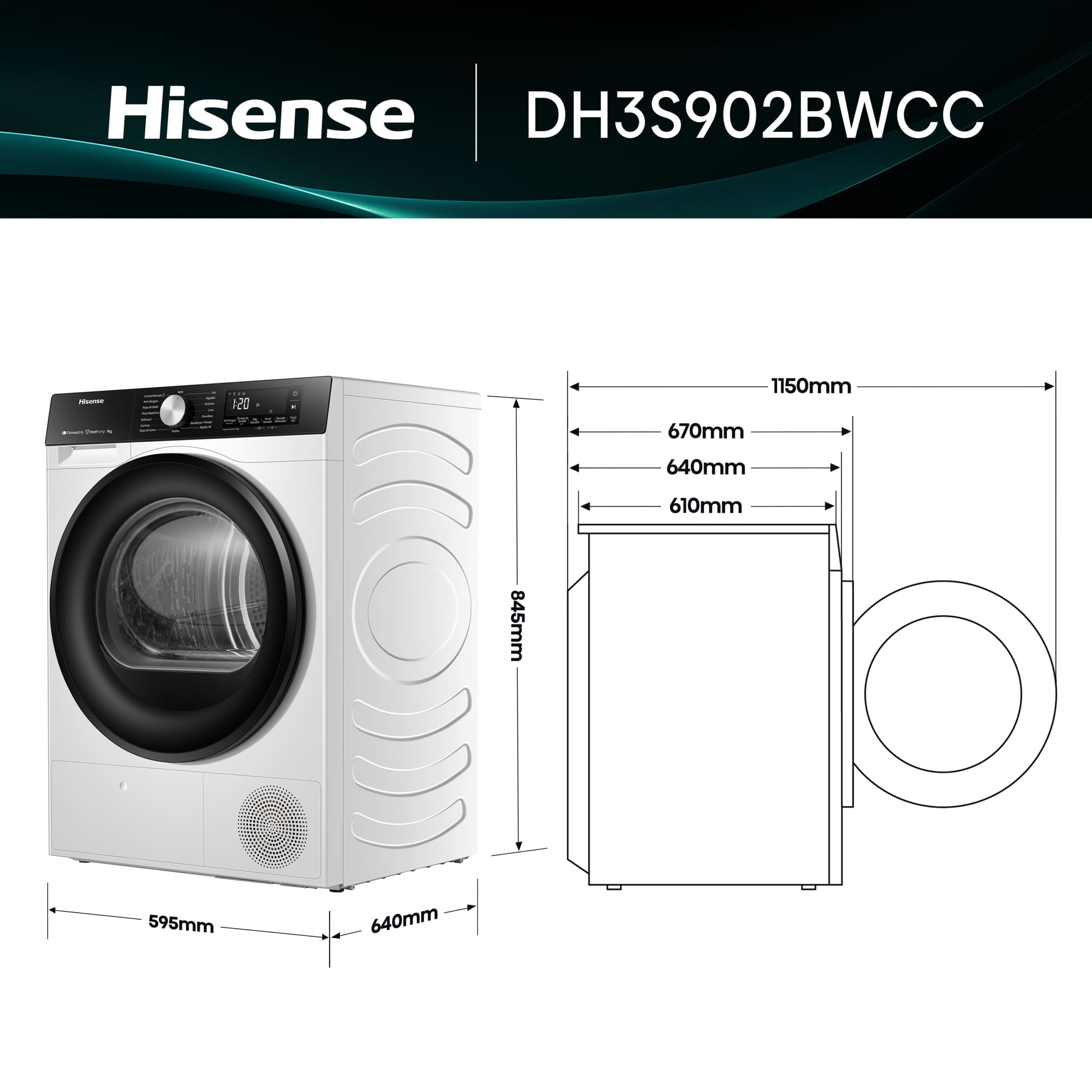 Hisense - DH3S902BWCC – Secadora De Libre Instalación, Clase C, Capacidad 9 kg, Color Blanco
