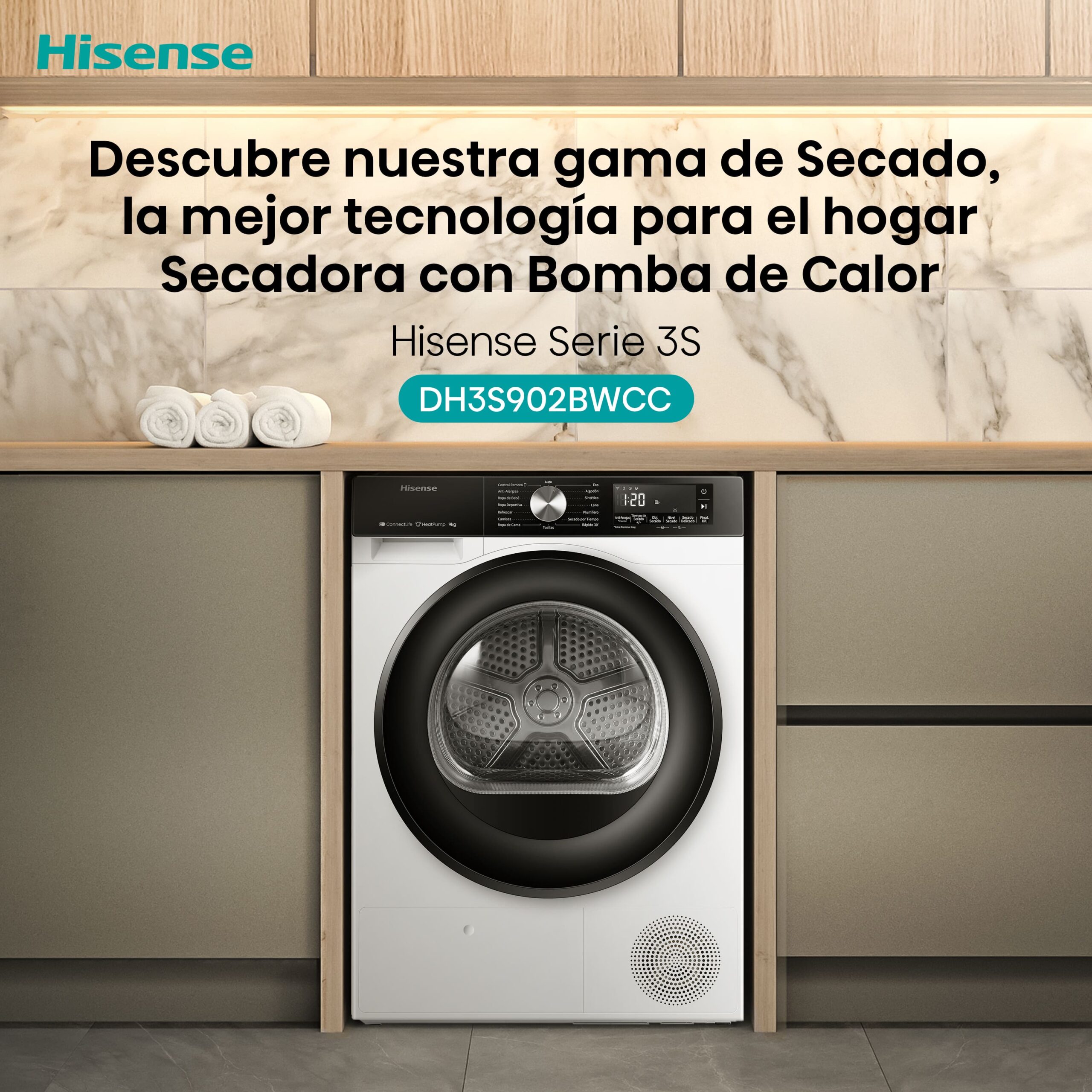 Hisense - DH3S902BWCC – Secadora De Libre Instalación, Clase C, Capacidad 9 kg, Color Blanco