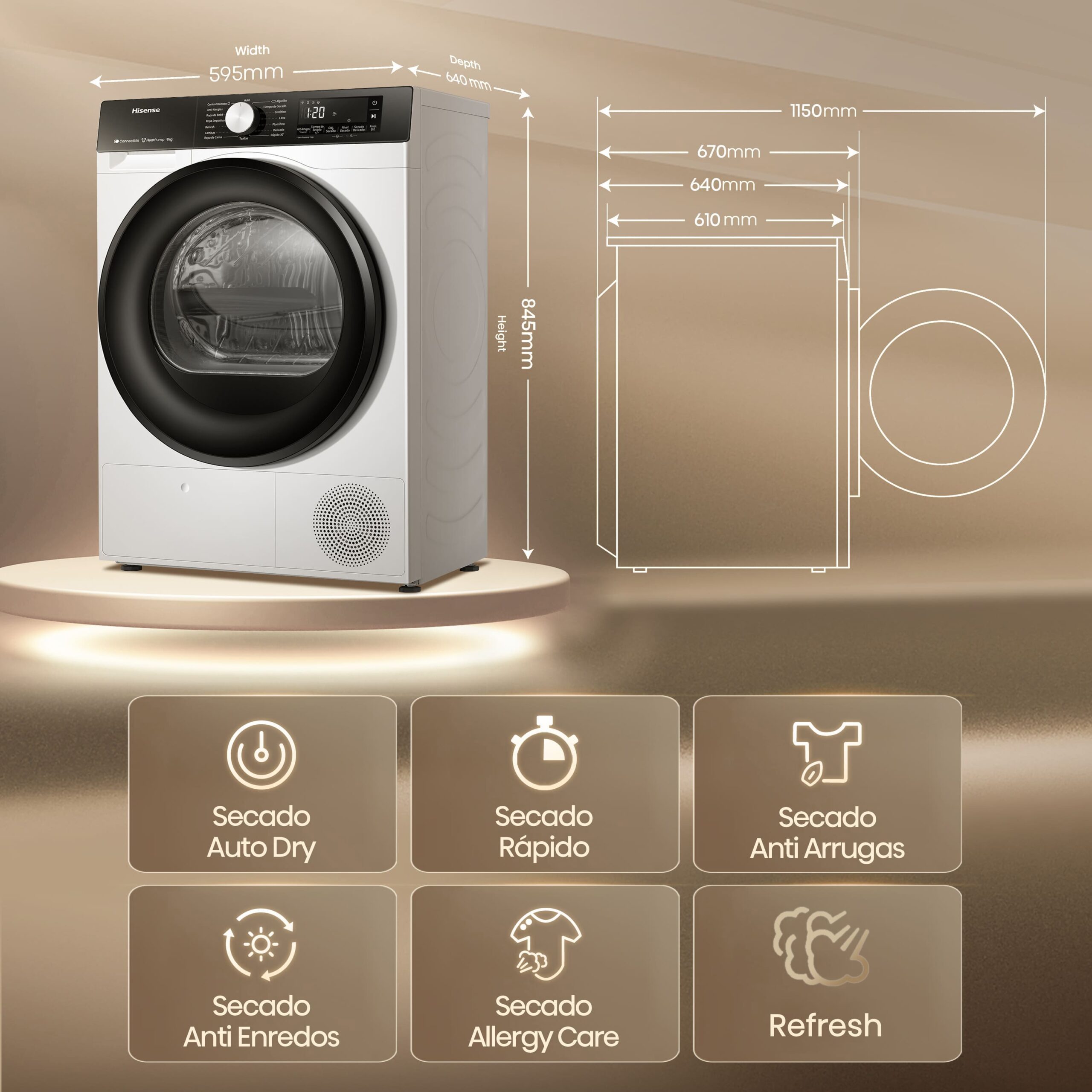 Hisense - DH3S902BW3 – Secadora, Clase C, Capacidad 9 kg, Color Blanco