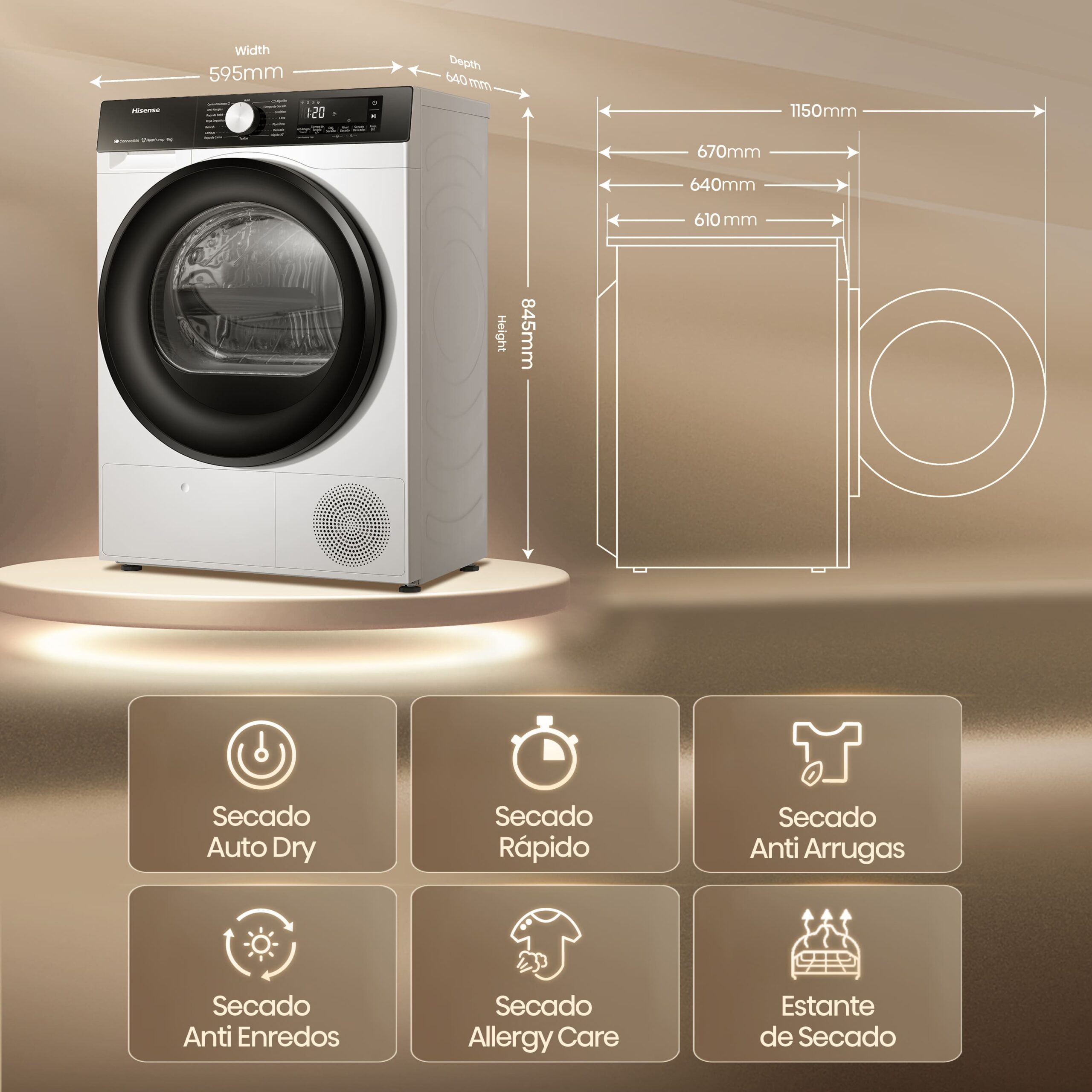 Hisense - DH3S902BW3 – Secadora, Clase C, Capacidad 9 kg, Color Blanco