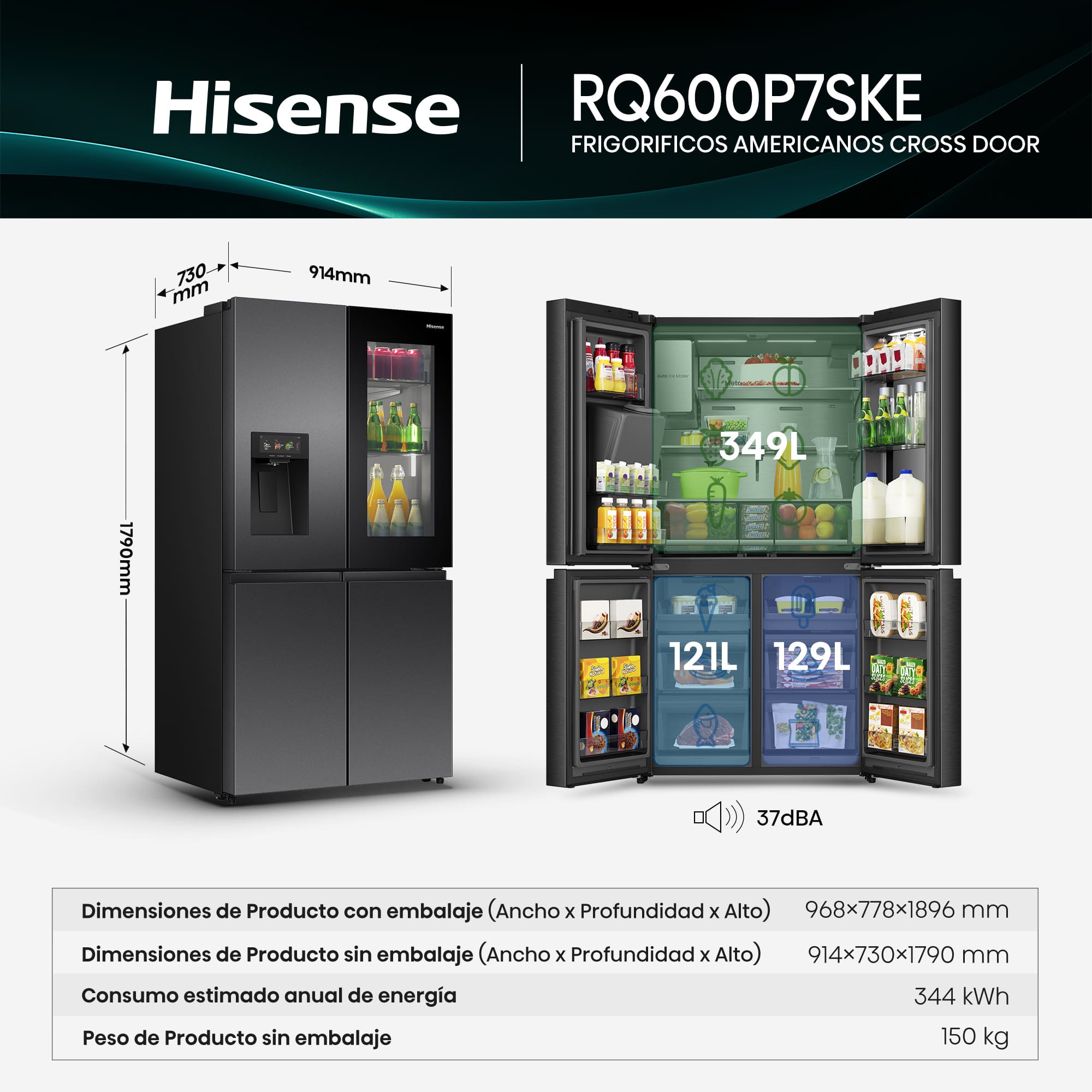 Hisense - RQ600P7SKE – Americano 4 Puertas De Libre Instalación, Clase E, Capacidad 615L, Color Dark Inox (Negro)