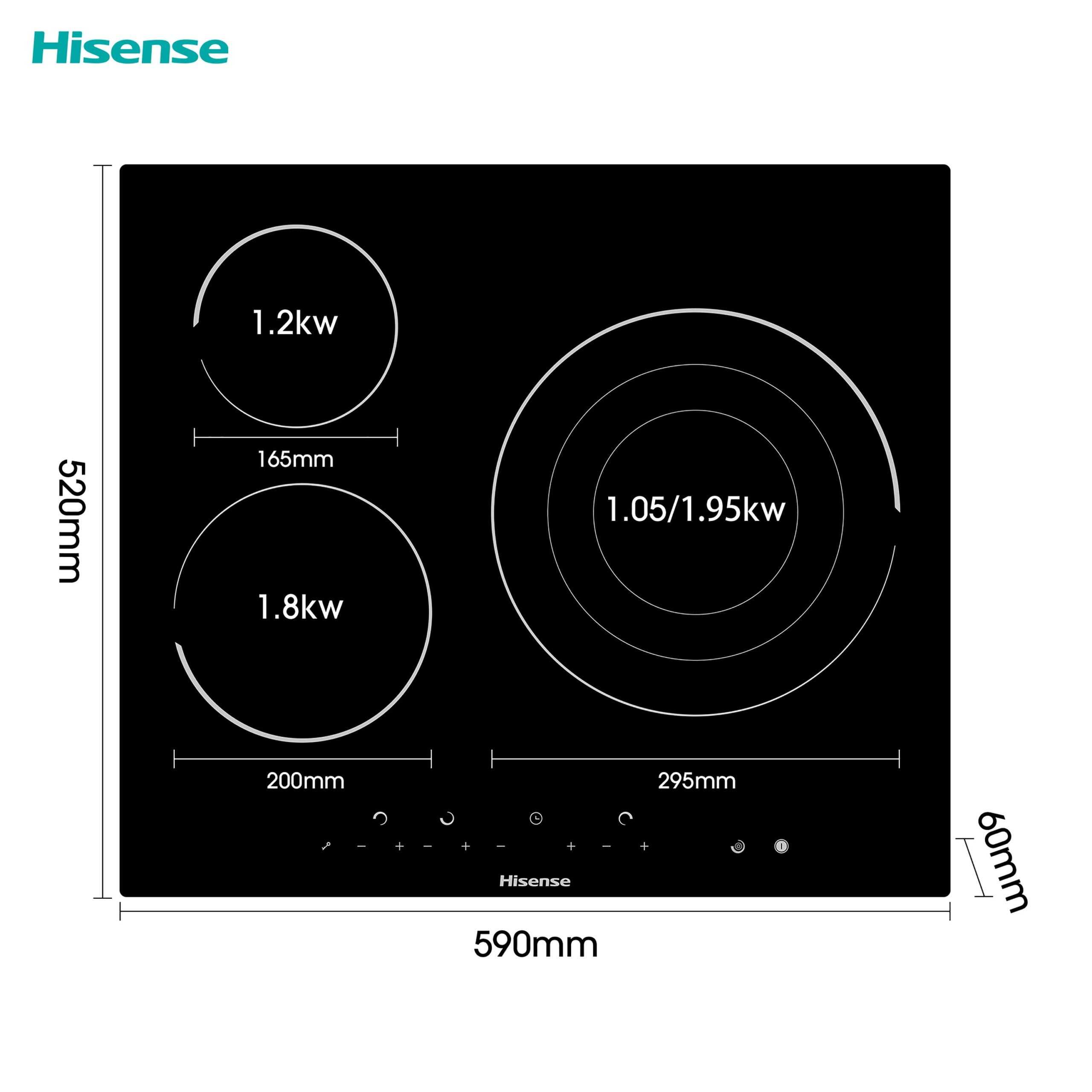 Hisense - E6322C – Placa, Vitroceramica, 3 Zonas, Negro