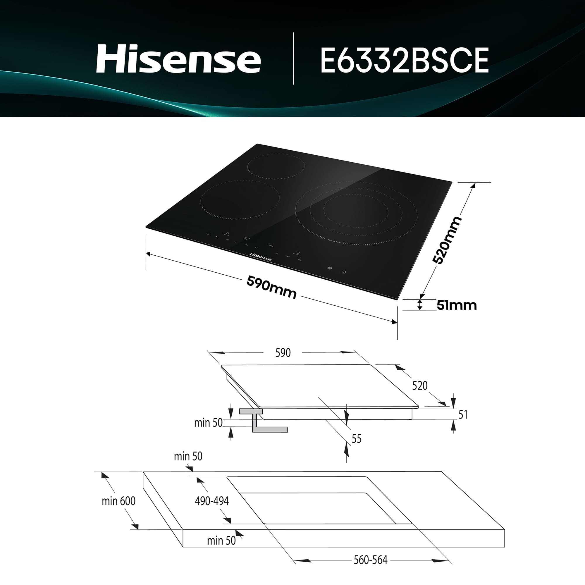 Hisense - E6332BSCE – Placa Vitroceramica, 3 Zonas , Capacidad 5700W, Color Cristal Negro