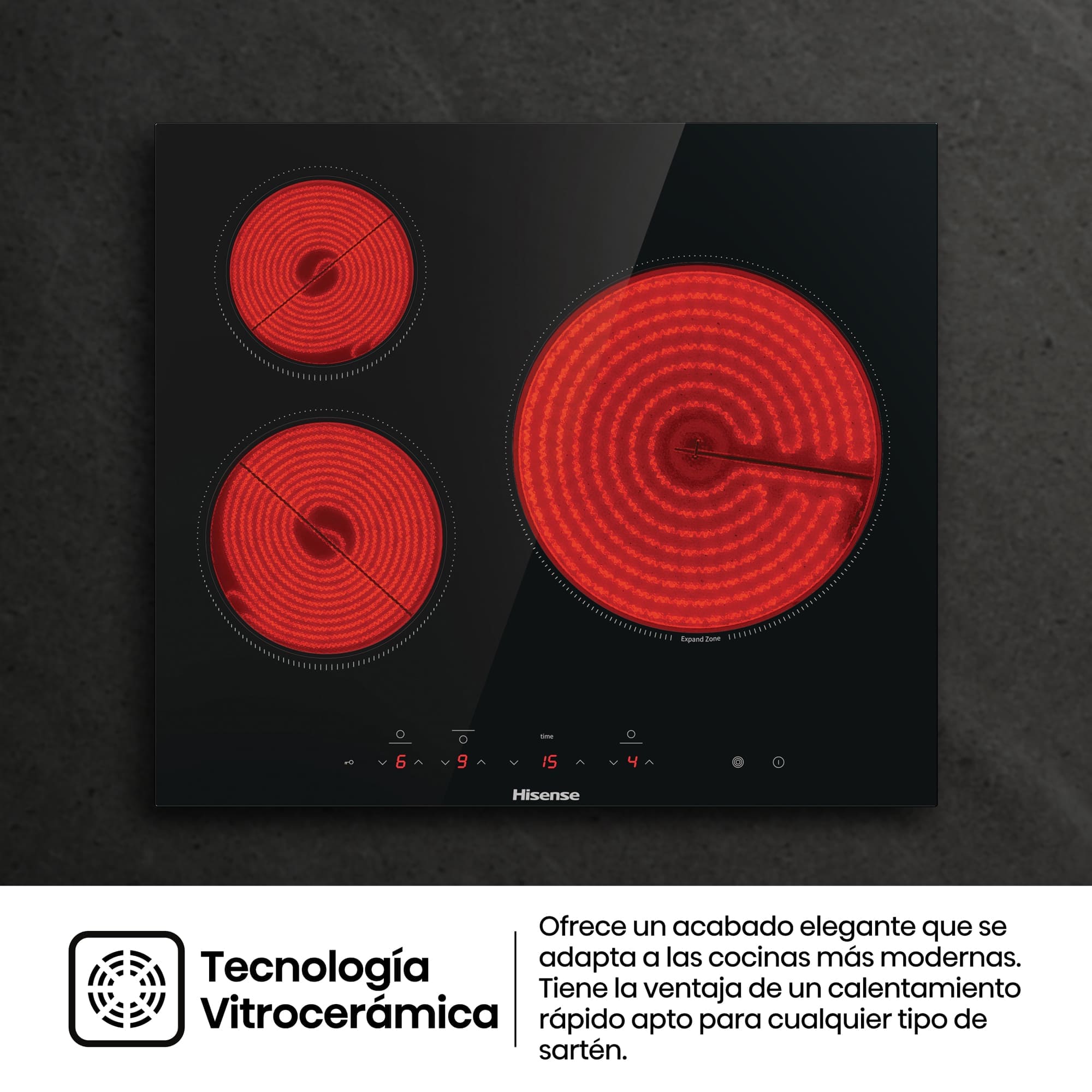 Hisense - E6332BSCE – Placa Vitroceramica, 3 Zonas , Capacidad 5700W, Color Cristal Negro