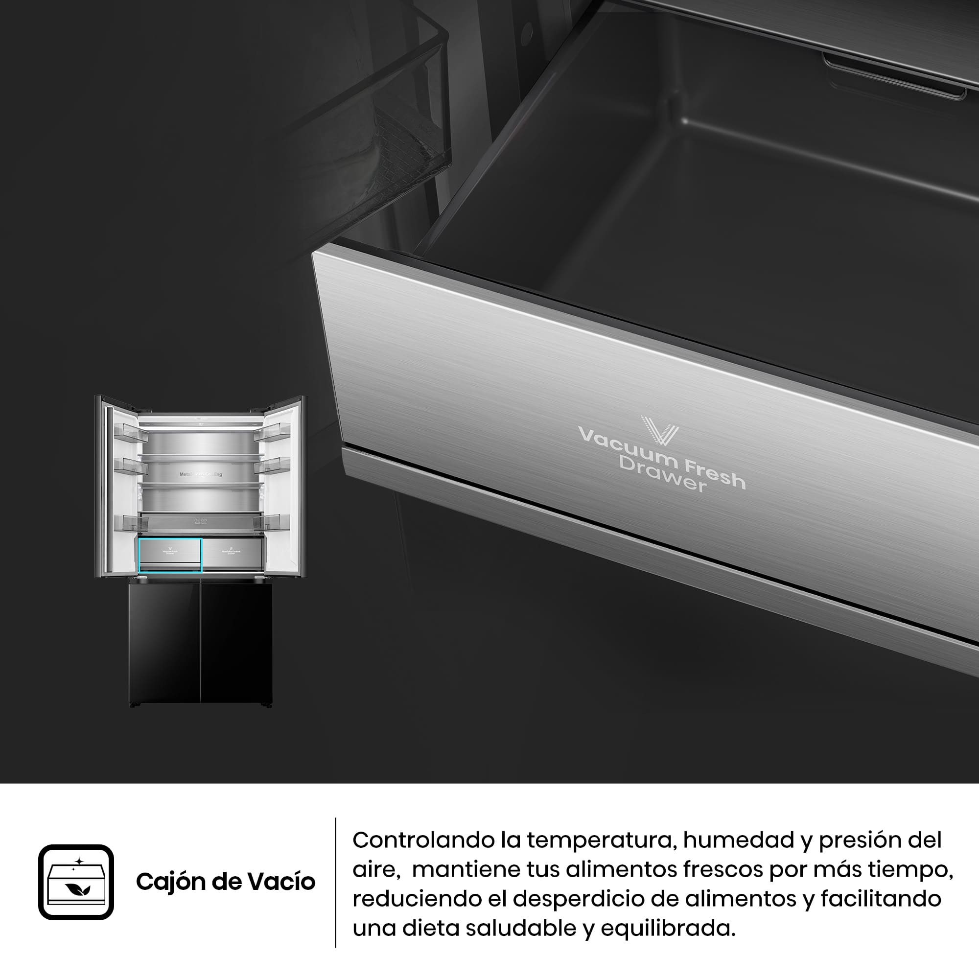 Hisense - RQ768N4GBE – Americano 4 Puertas Kitchen Fit de Libre Instalación, Clase E, Capacidad 591L, Color Cristal Negro