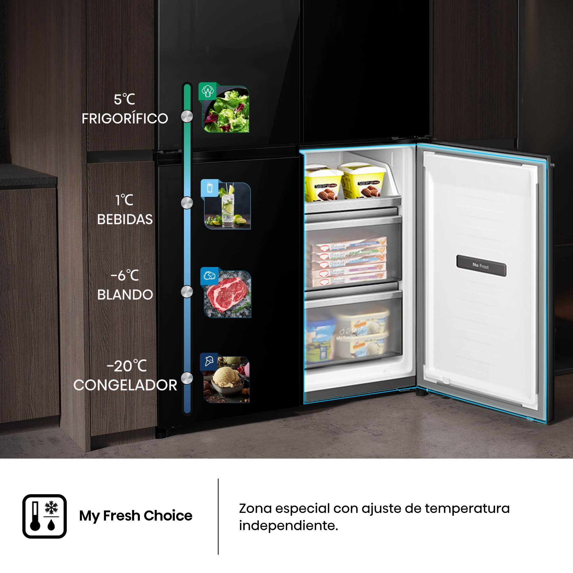 Hisense - RQ768N4GBE – Americano 4 Puertas Kitchen Fit de Libre Instalación, Clase E, Capacidad 591L, Color Cristal Negro
