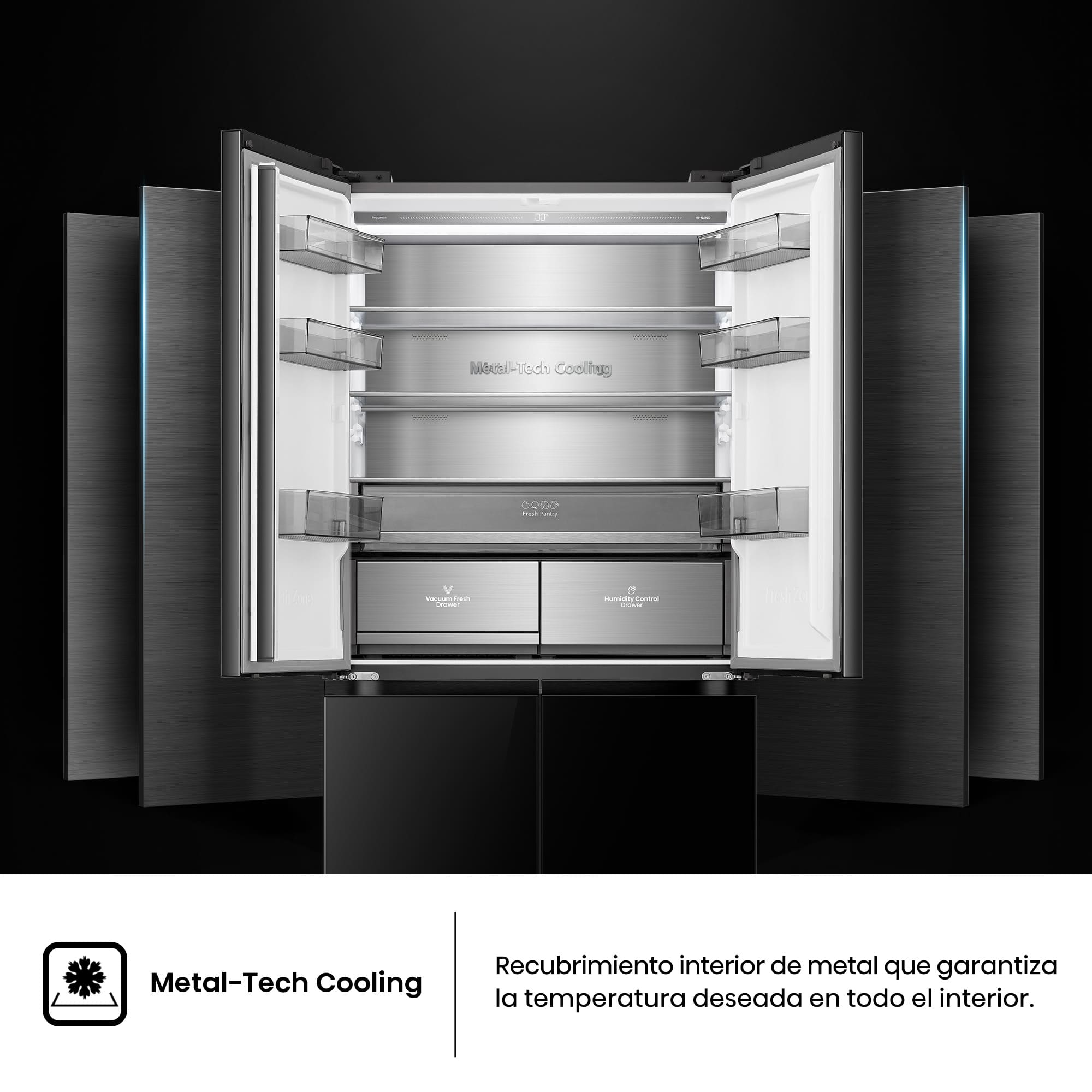 Hisense - RQ768N4GBE – Americano 4 Puertas Kitchen Fit de Libre Instalación, Clase E, Capacidad 591L, Color Cristal Negro