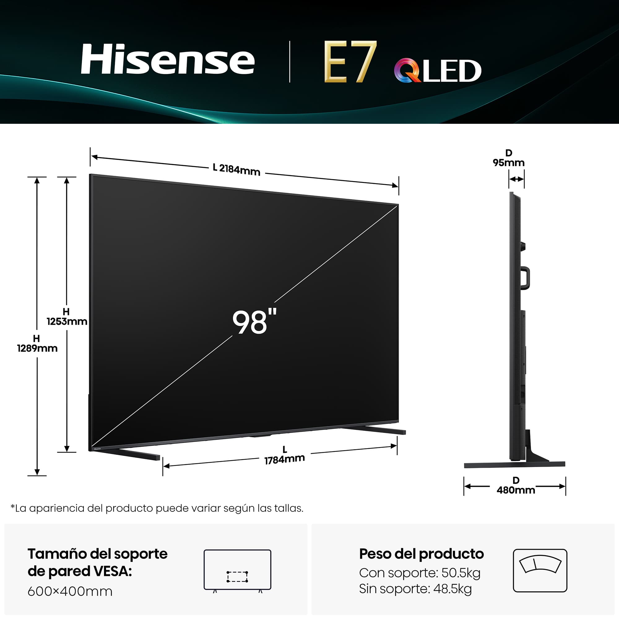 Hisense - Serie E7Q QLED TV 98E7Q Smart TV 98 pulgadas con Dolby Vision y Atmos
