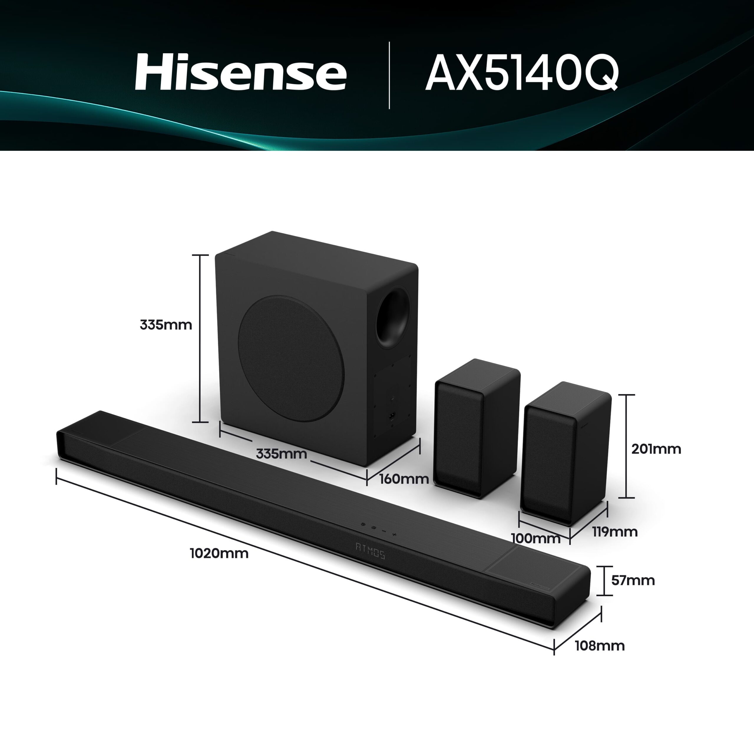 Hisense - Hisense AX5140Q – Barra de Sonido, Canales 5.1.4, 600W, 13 altavoces