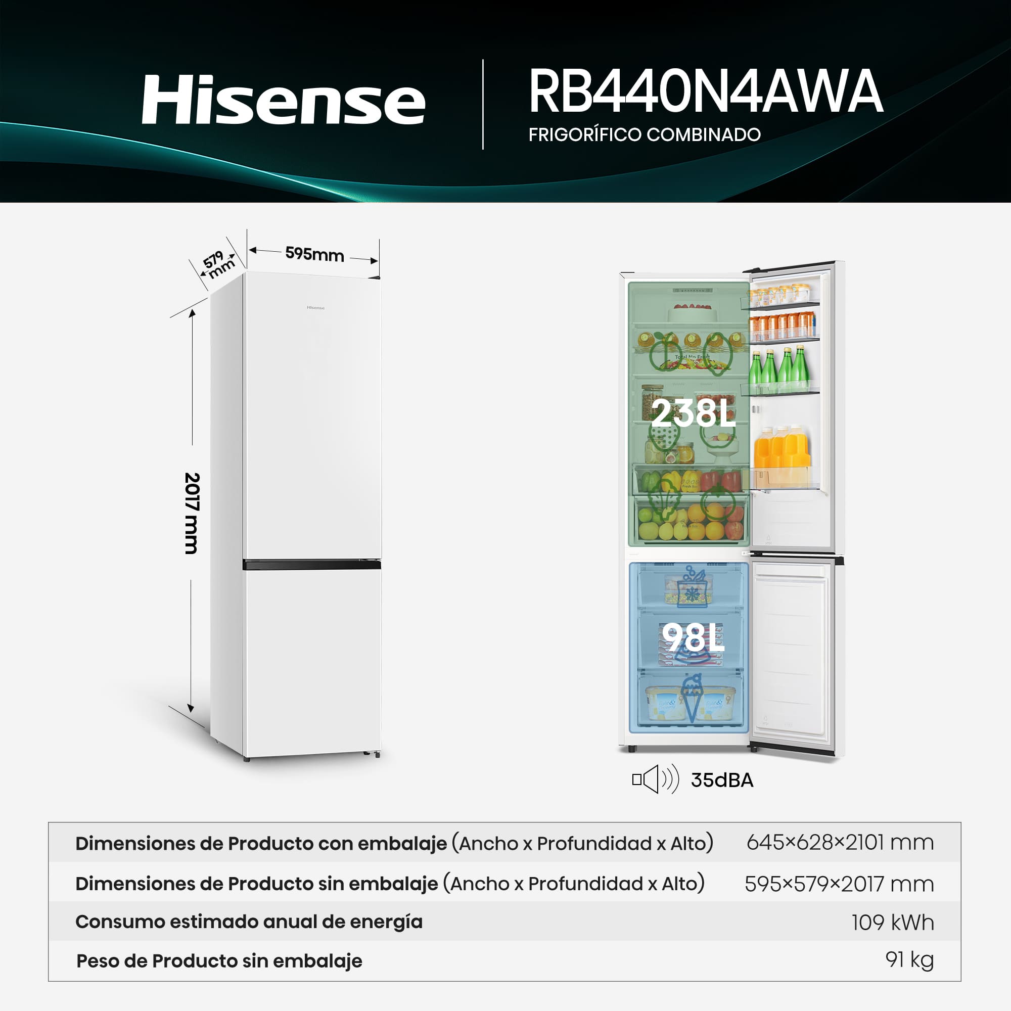 Hisense - RB440N4AWA – Combi 2 Puertas De Libre Instalación, Clase A, Capacidad 336L, Color Inox