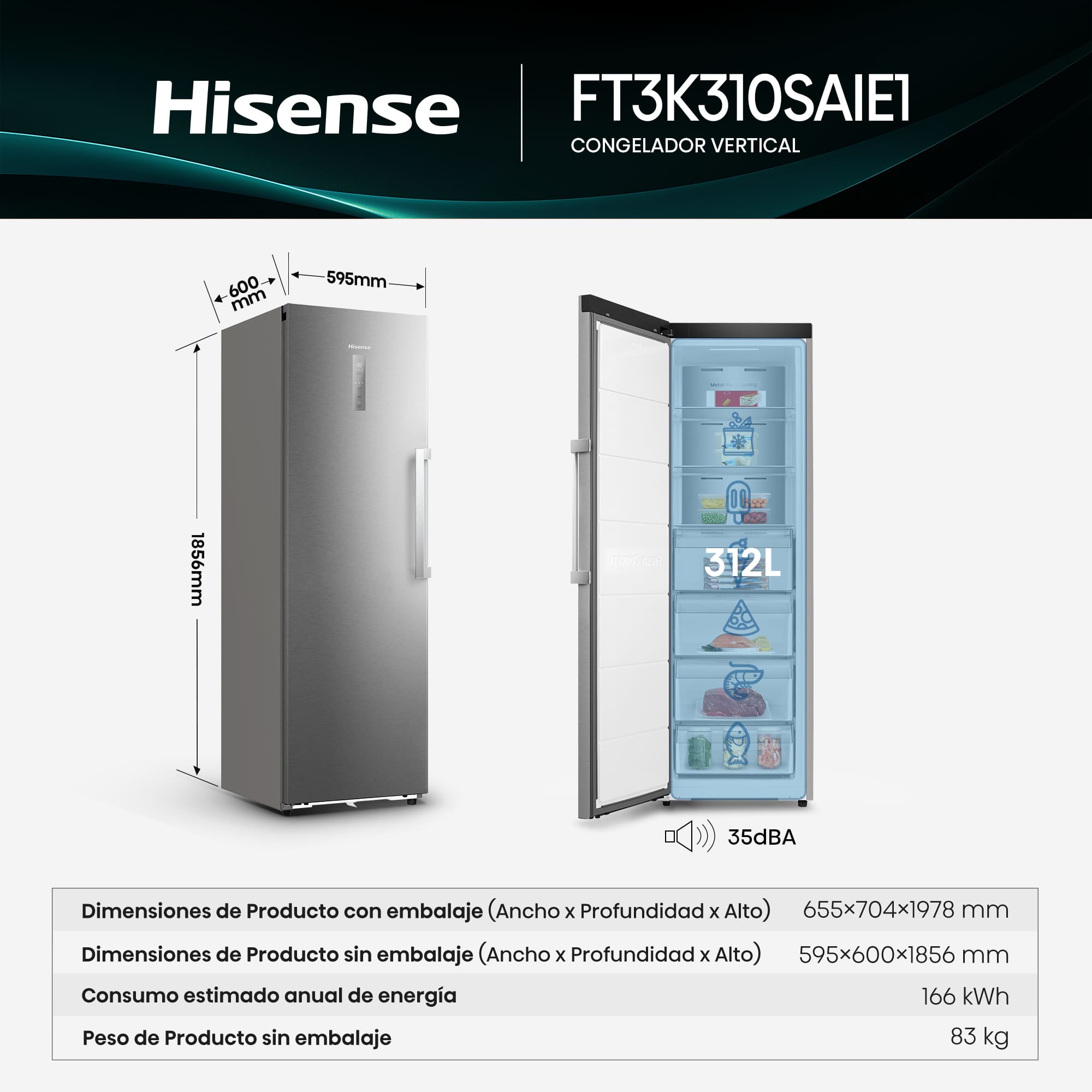 Hisense - FT3K310SAIE1 – 1 Puerta De Libre Instalación Kitchen Fit, Clase E, Capacidad 312L, Color Inox