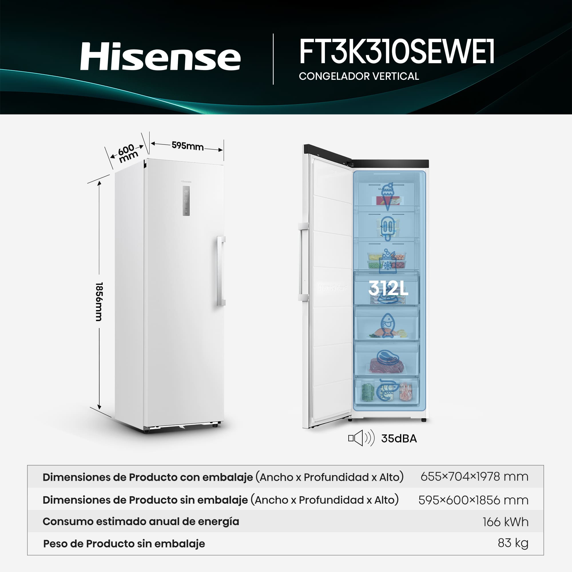 Hisense - FT3K310SEWE1 – 1 Puerta De Libre Instalación Kitchen Fit, Clase E, Capacidad 312L, Color Blanco