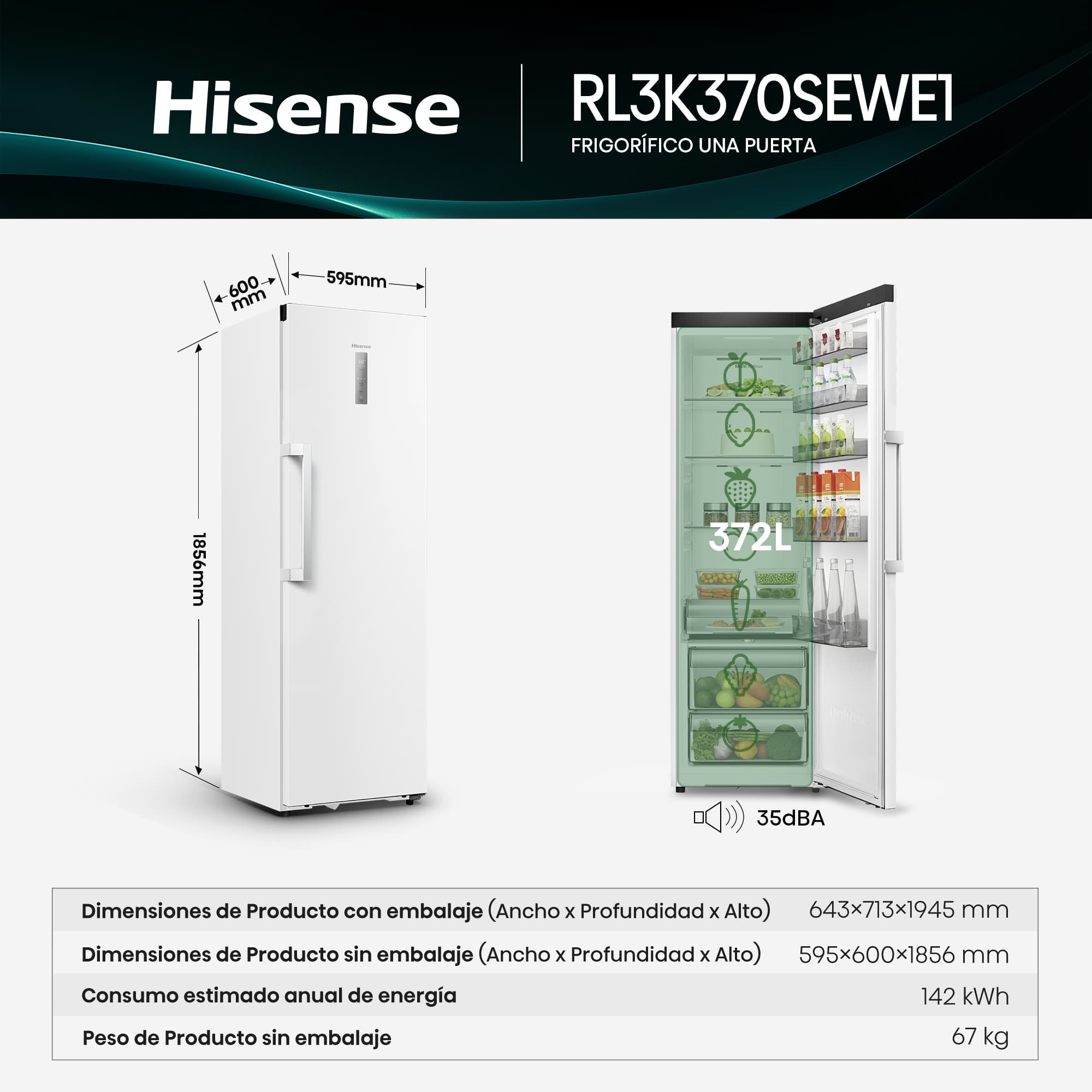 Hisense - RL3K370SEWE1 – Frigorífico 1 Puerta Kitchen Fit de Libre Instalación, Clase E, Capacidad 372L, Color Blanco