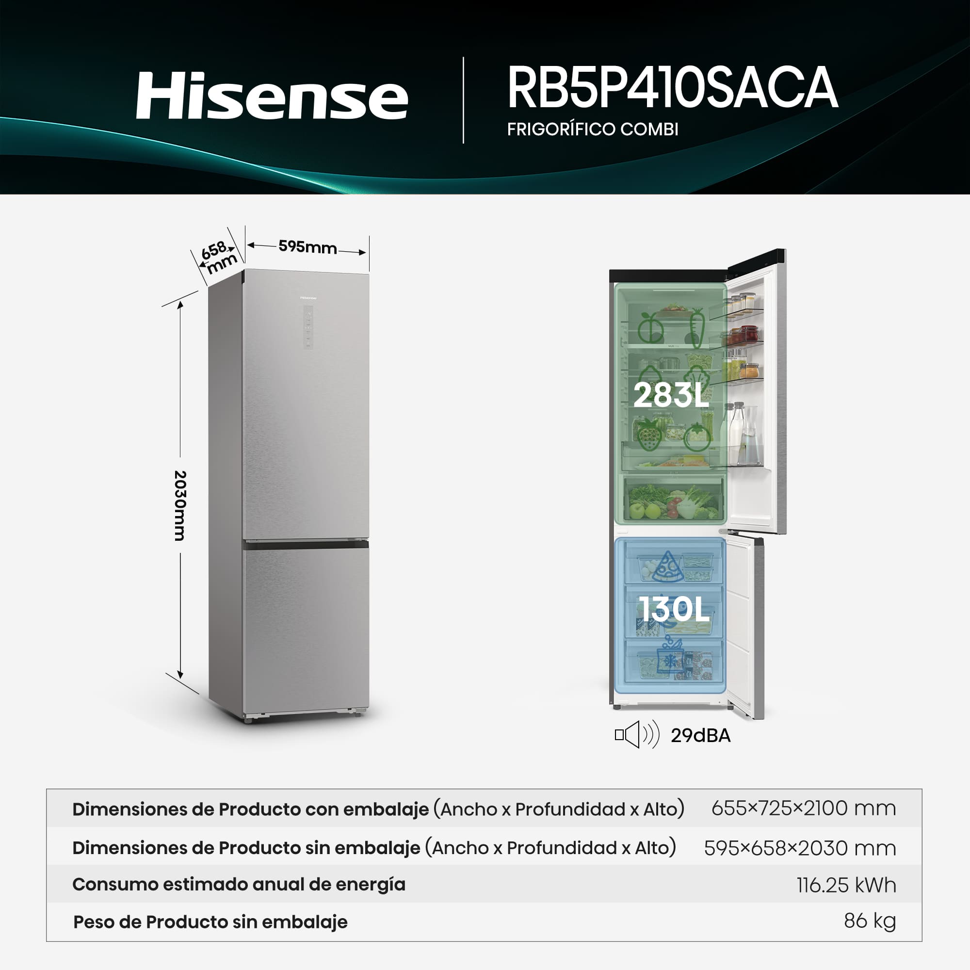 Hisense - RB5P410SACA – Combi 2 Puertas De Libre Instalación, Clase A, Capacidad 413L, Color Inox