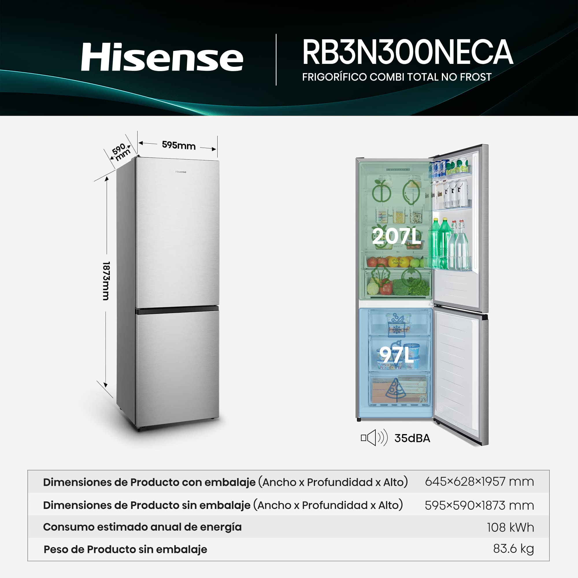 Hisense - RB3N300NECA – Combi 2 Puertas De Libre Instalación, Clase A, Capacidad 304L, Color Inox
