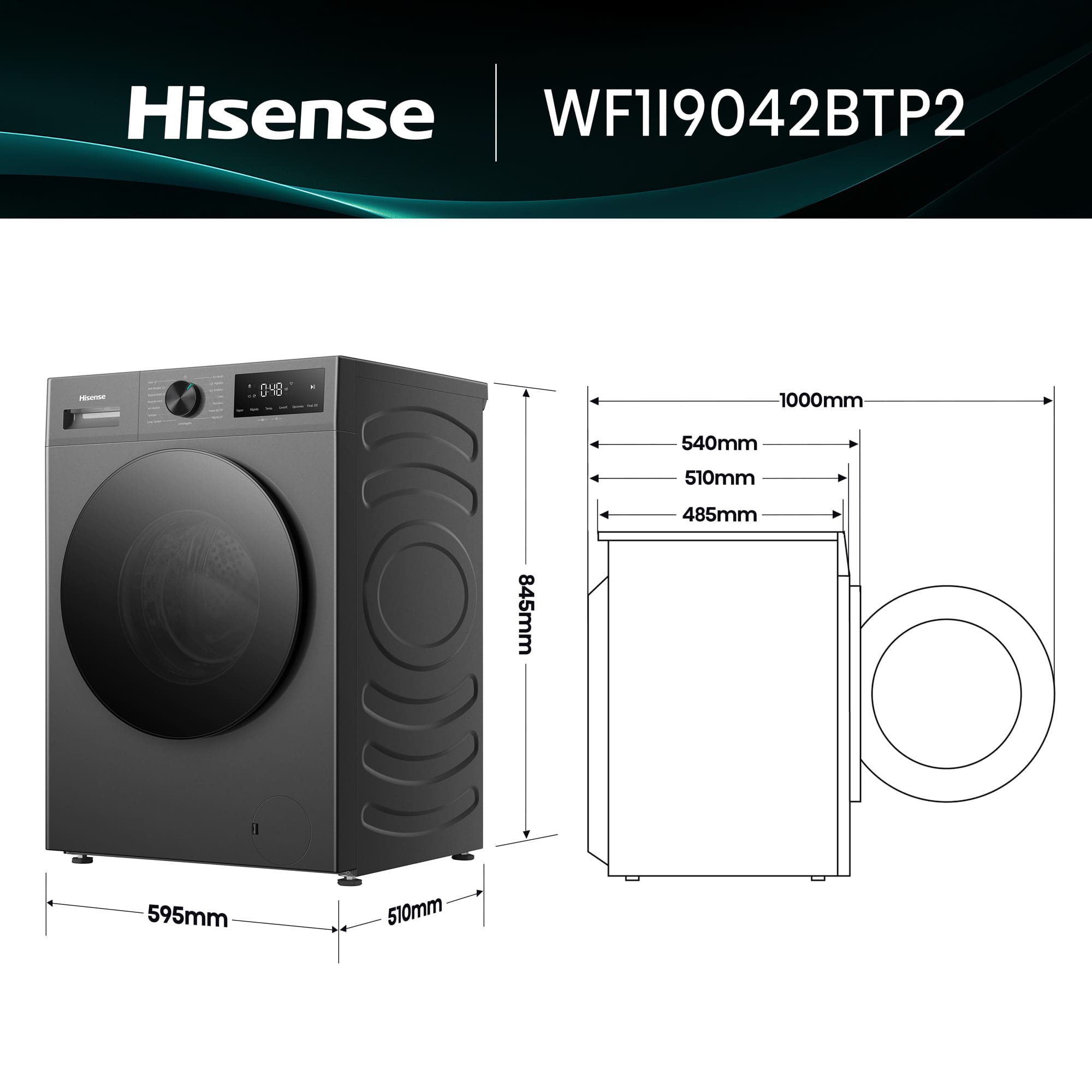Hisense - WF1I9042BTP2 – Lavadora De Libre Instalación, Clase A, 9 Kg, 1400 rpm, Inox