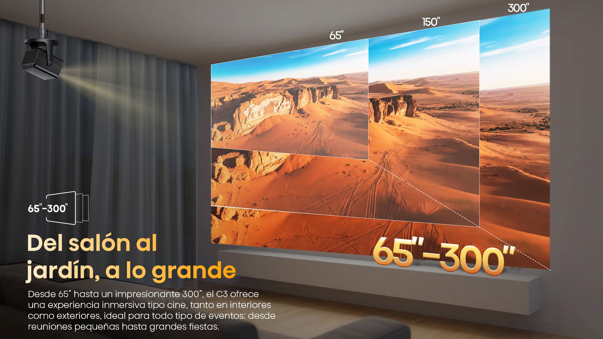 03 Tamaño de proyección súper amplio de 65 a 300