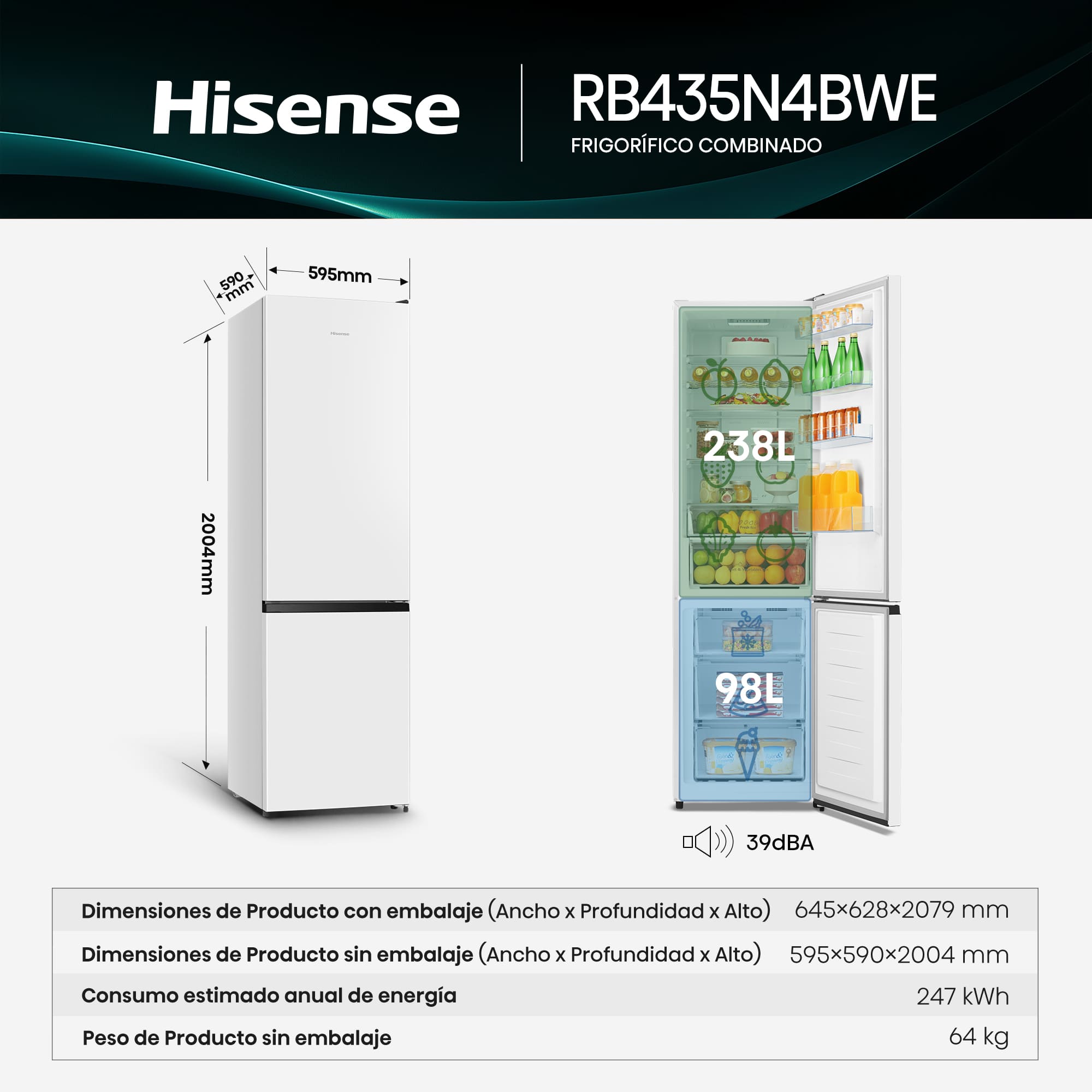 Hisense - RB435N4BWE – Frigorífico Combi 2 Puertas De Libre Instalación, Clase E , Capacidad 336L, Color Blanco
