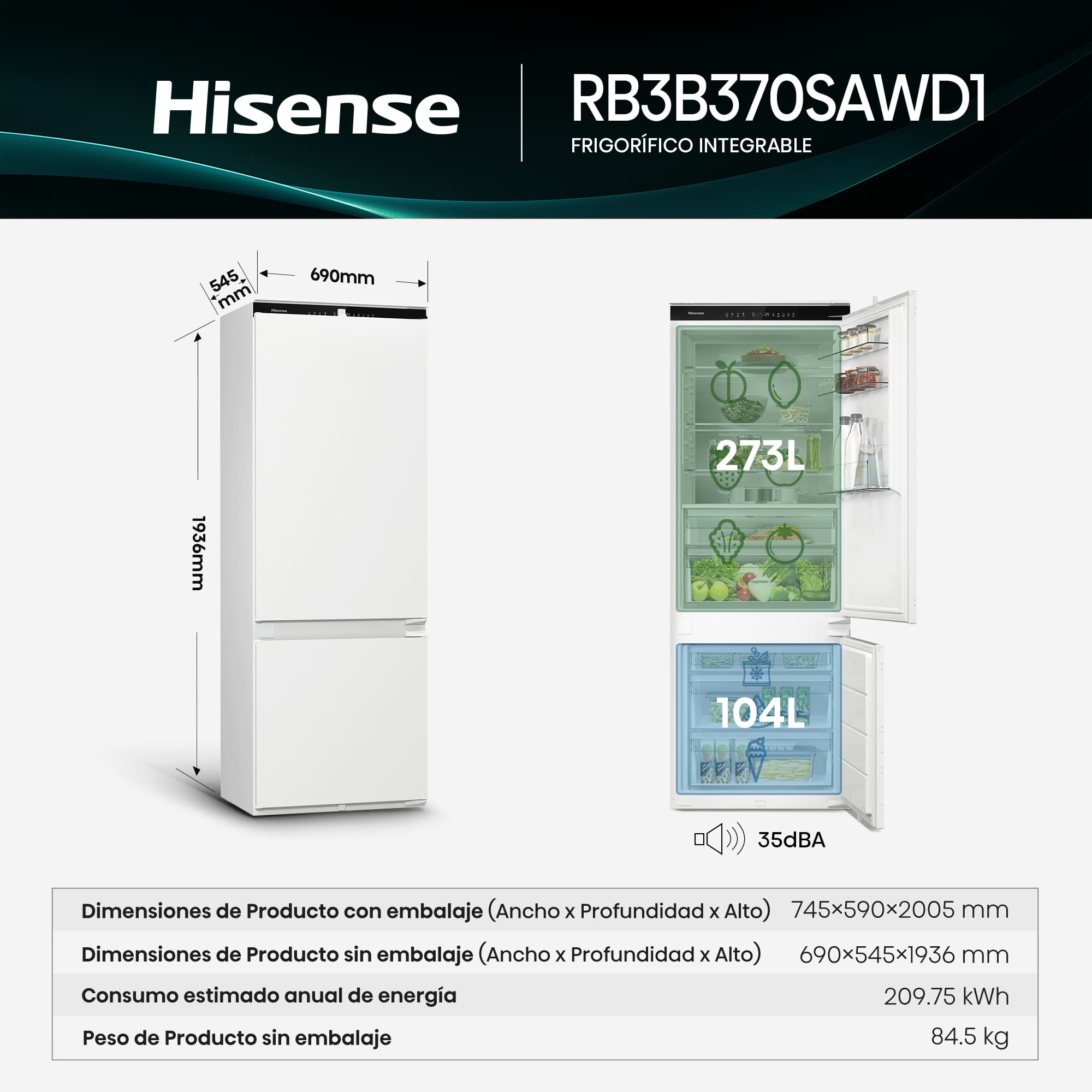 Hisense - RB3B370SAWD1 – Frigorífico Combi 2 Puertas De Integración Puerta Deslizante, Clase D, Capacidad 377L, Color Blanco