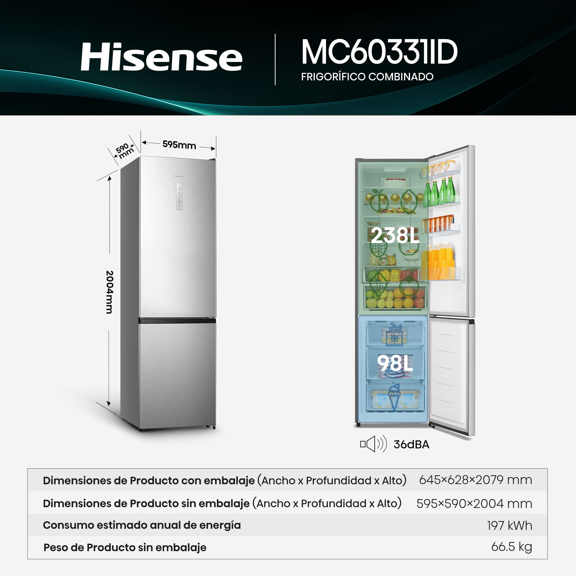 Hisense - MC60331ID – Frigorífico Combi 2 Puertas De Libre Instalación, Clase D , Capacidad 336L, Color Inox