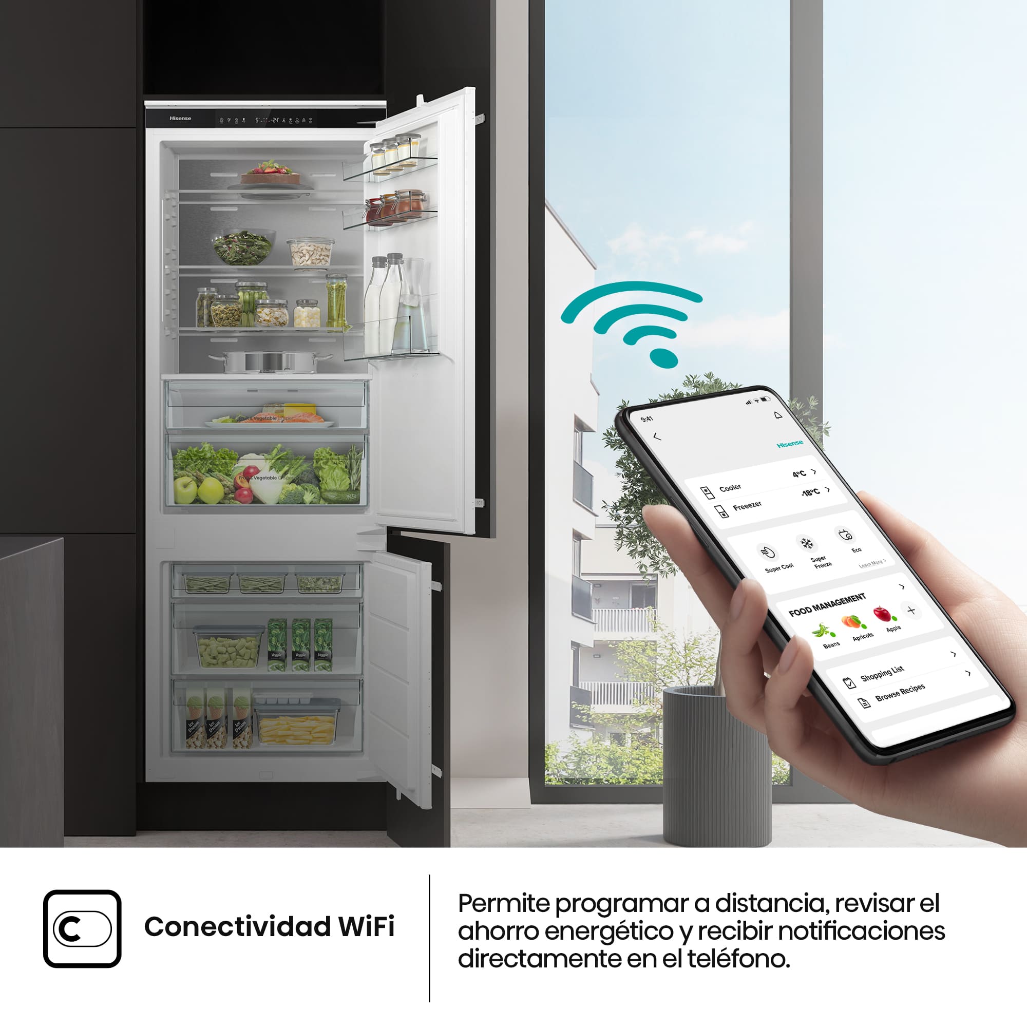 Hisense - RB3B370SAWD1 – Frigorífico Combi 2 Puertas De Integración Puerta Deslizante, Clase D, Capacidad 377L, Color Blanco