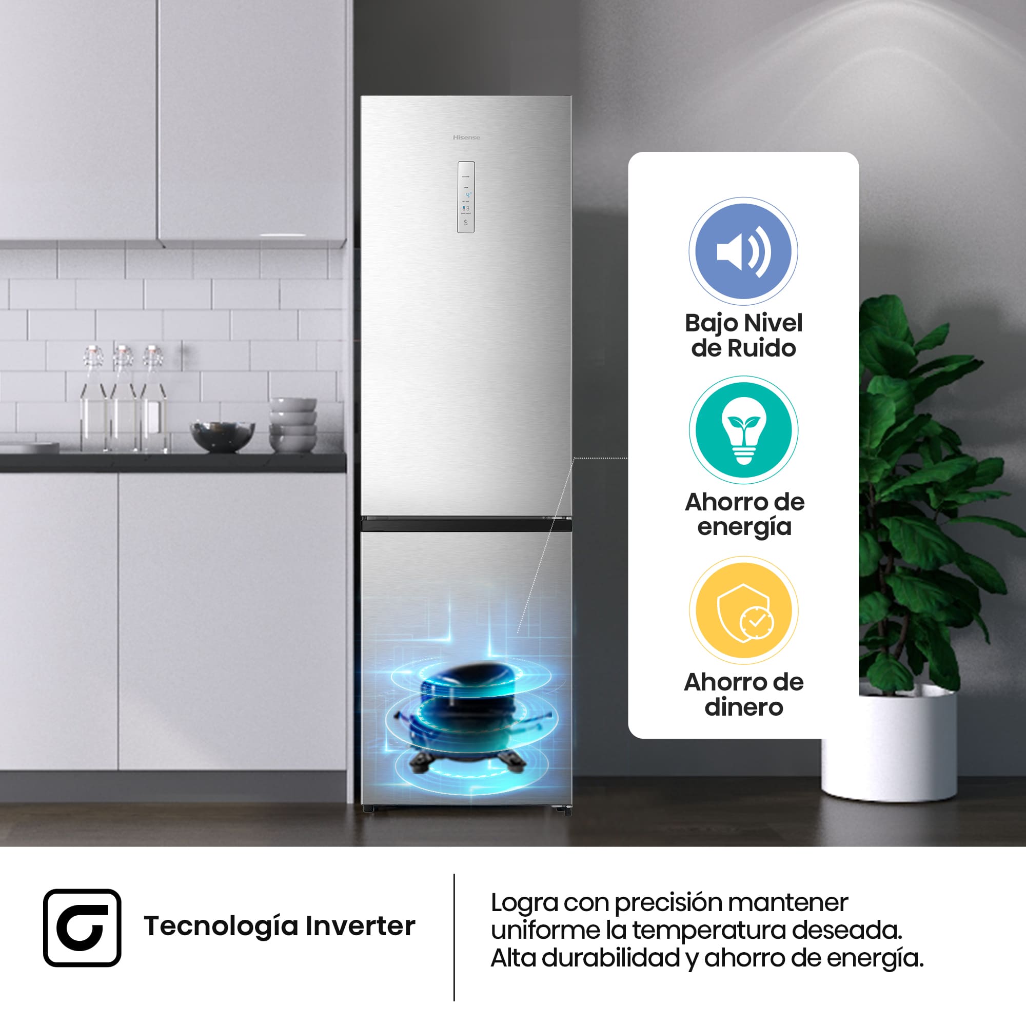 Hisense - MC60331ID – Frigorífico Combi 2 Puertas De Libre Instalación, Clase D , Capacidad 336L, Color Inox