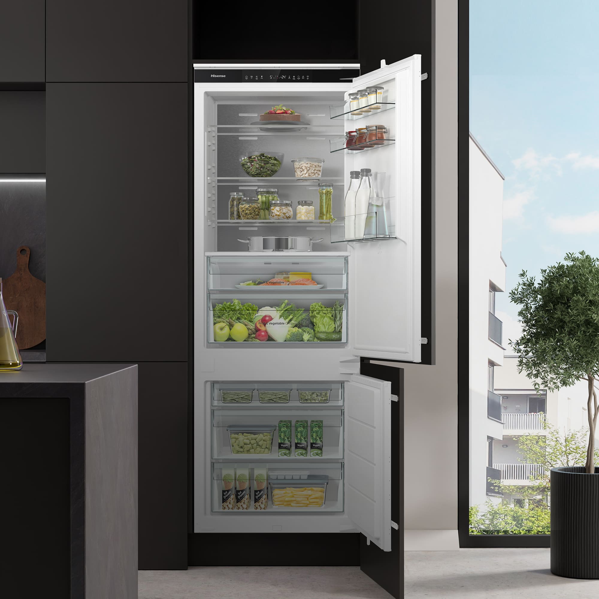 Hisense - RB3B370SAWD1 – Frigorífico Combi 2 Puertas De Integración Puerta Deslizante, Clase D, Capacidad 377L, Color Blanco