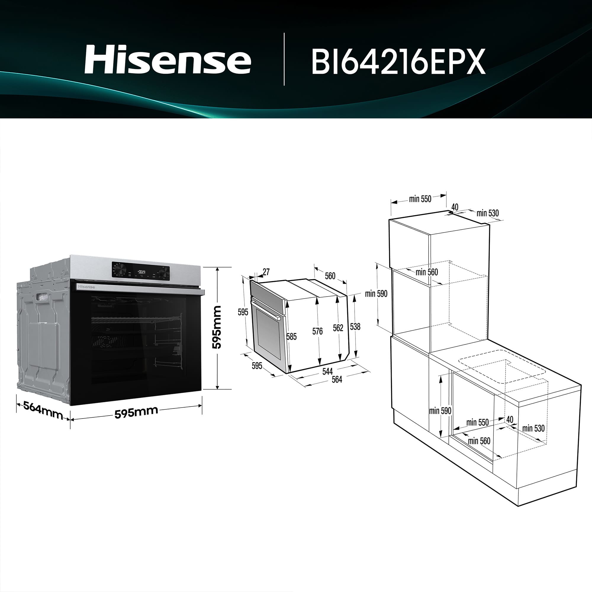 Hisense - BI64216EPX – Horno Pirolítico, Clase A++, Capacidad 78L, Color Inox